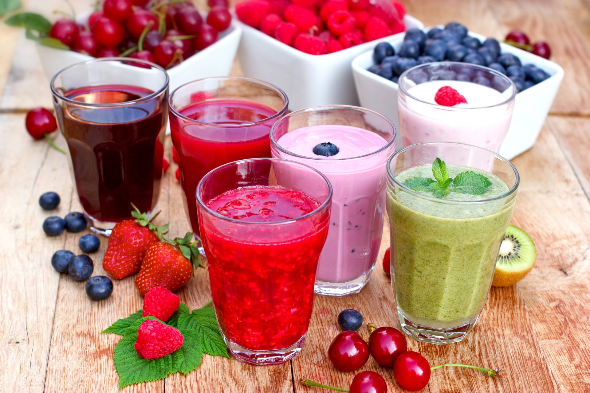 Juice, Berry, Raspberry, Strawberry, 1080P, Food, Cherry, Blueberry, Smoothie, Kiwi, Glass, HD Wallpaper