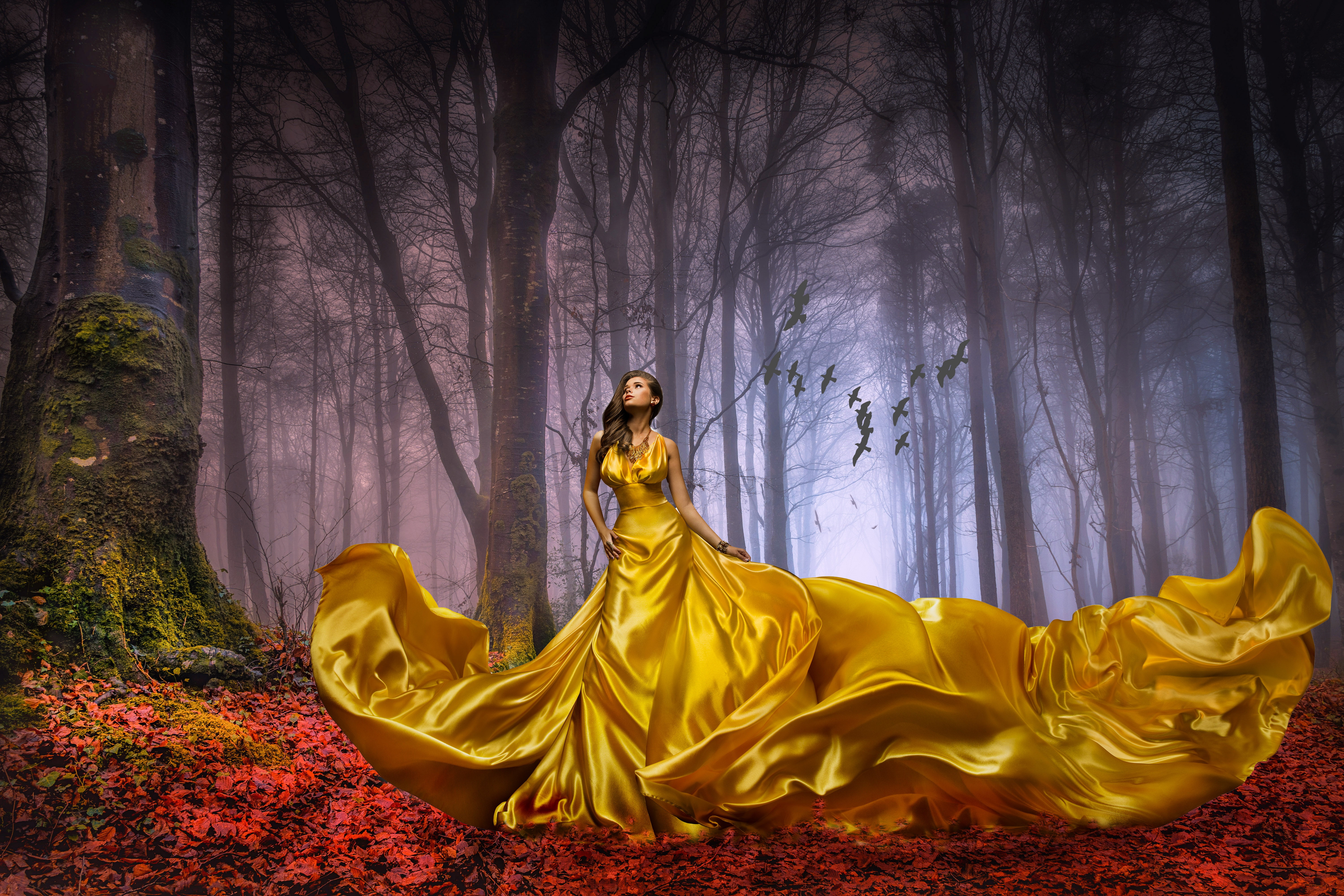 fog, trunks, birds, Golden autumn, girl, beauty, nature, silk, autumn, dress, mood, long, walk, pose, trees, lady, leaves, Princess, gold, hem, landscape, HD Wallpaper