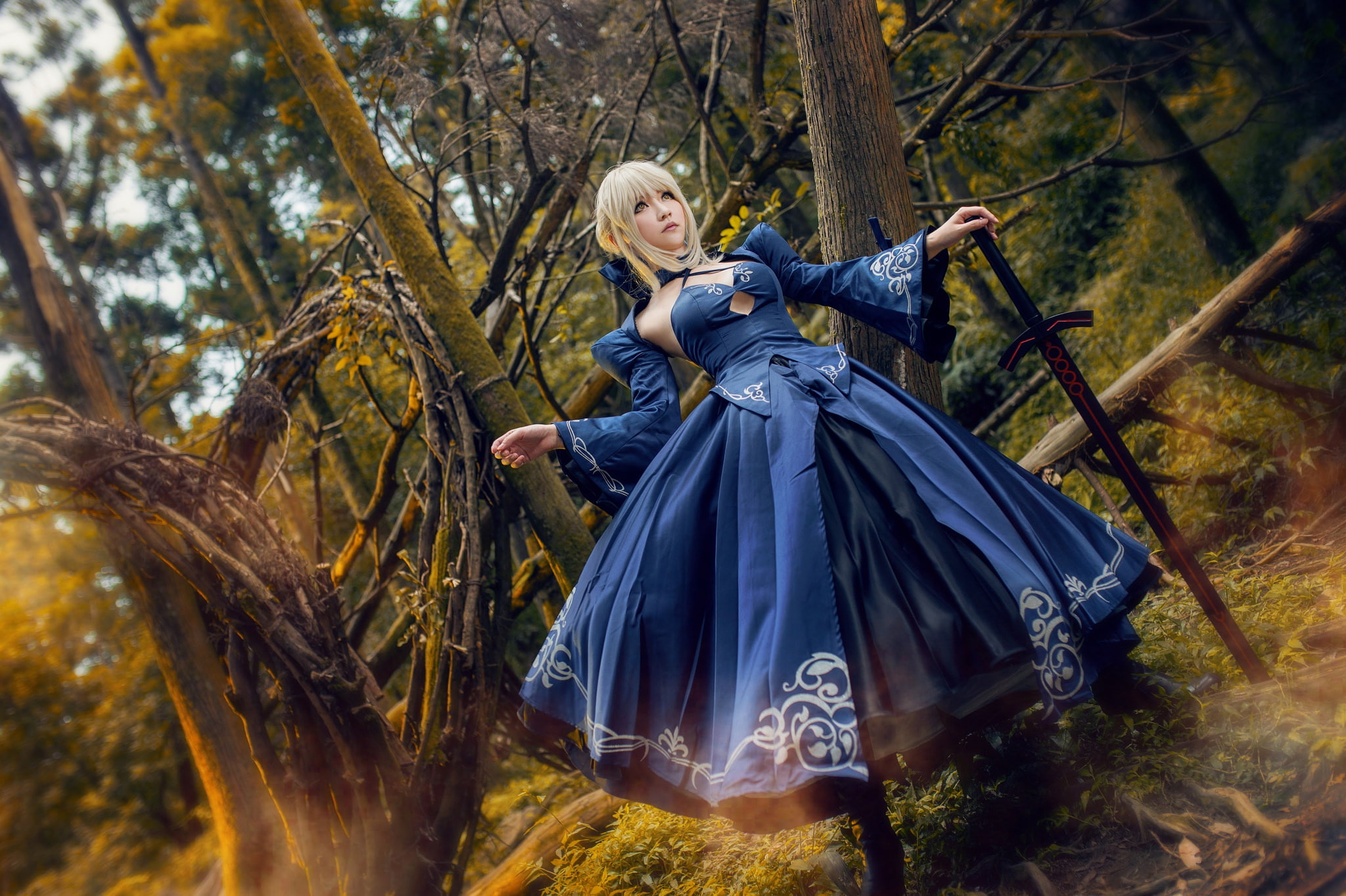 blue, forest, lush, sword, trees, blonde, girl, blue dress, Asian, style, weapons, thickets, cosplay, pose, look, branches, costume, hands, 1080P, HD Wallpaper
