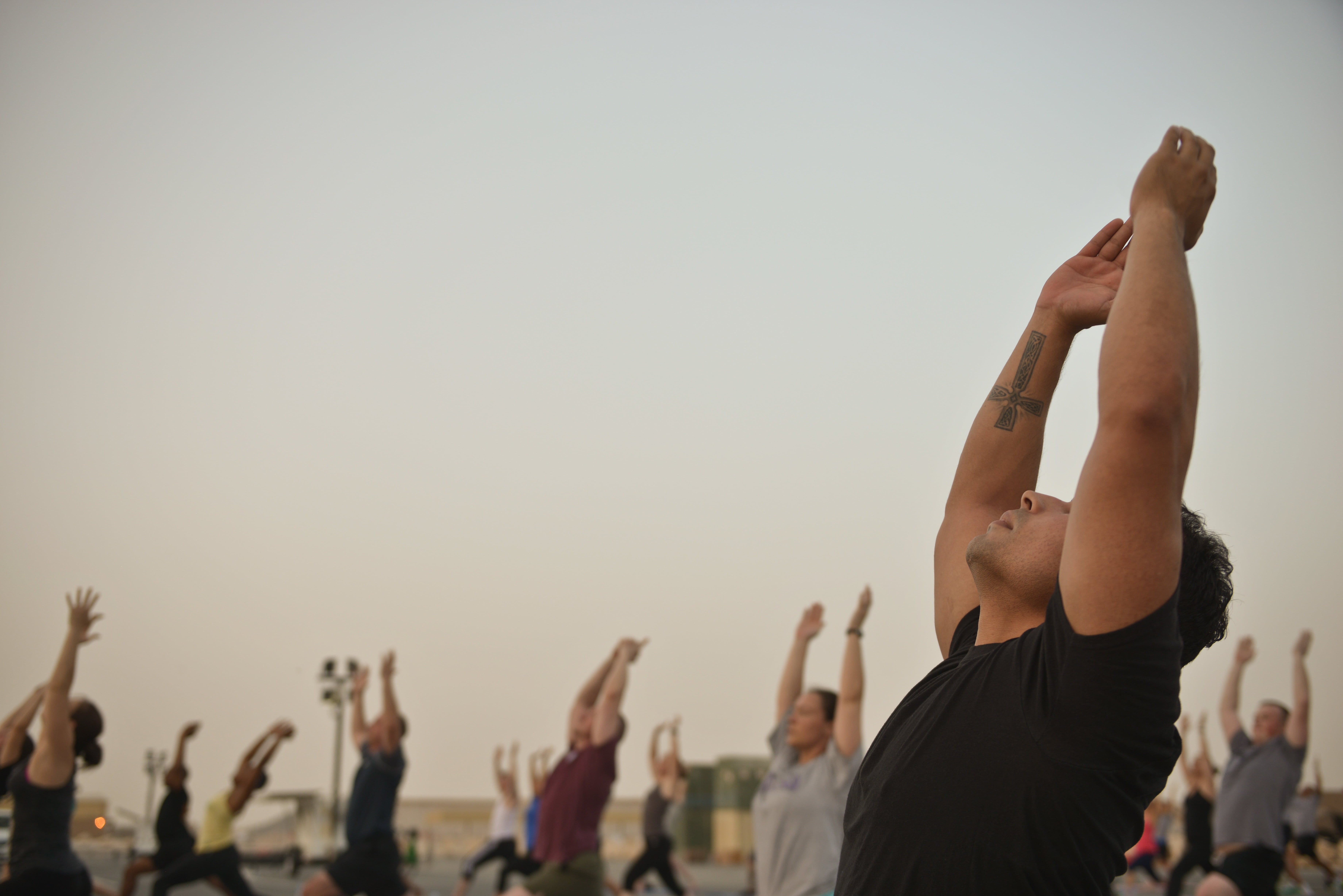 gym, person, hatha yoga, zen, fitness, serenity, daytime, practicing yoga, hand raised, limb, 5K, morning, posture, large group of people, body and spirit harmony, HD Wallpaper