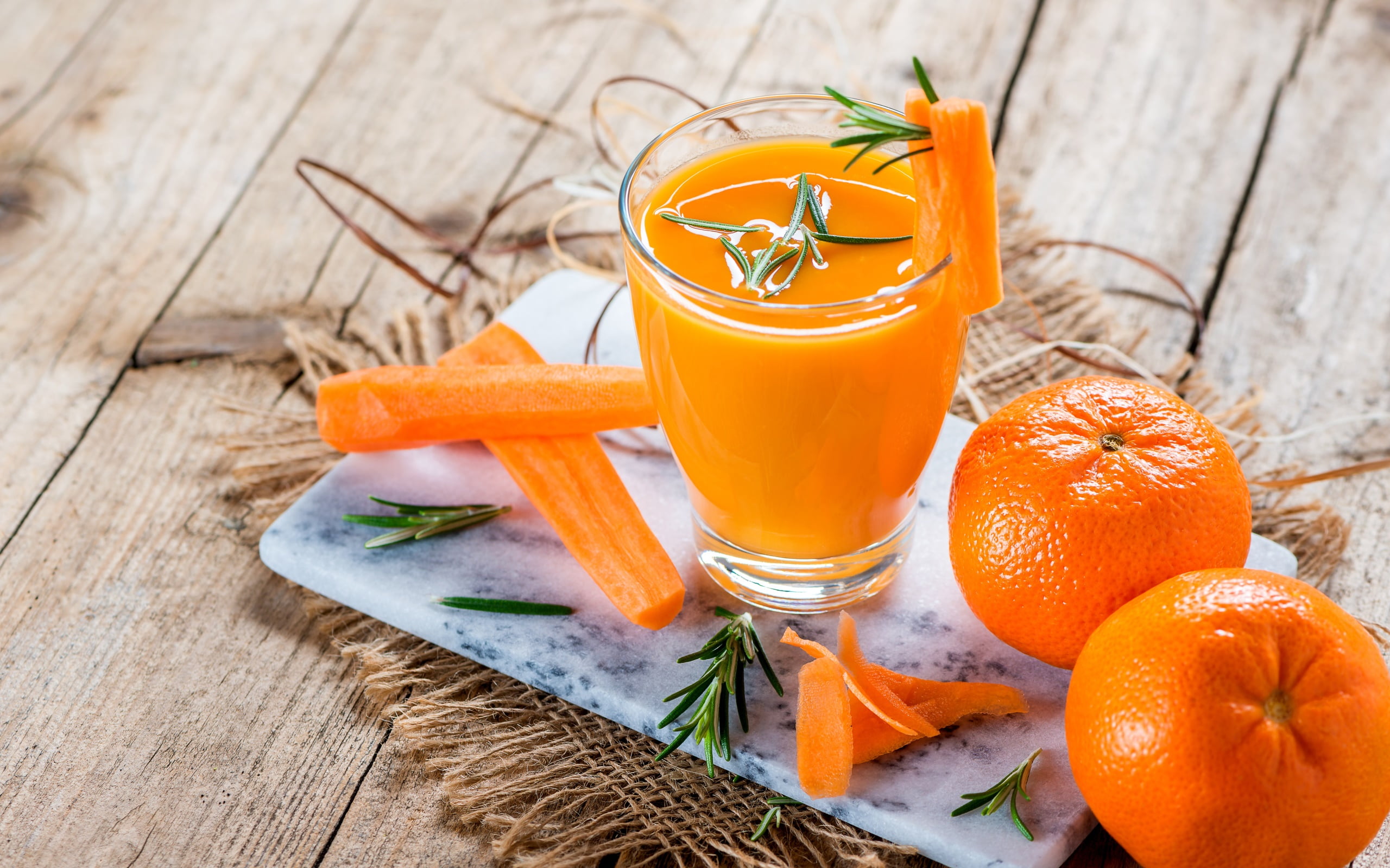 carrot, rosemary, orange (fruit), food, wooden surface, juice, fruit, drink, 2K, HD Wallpaper