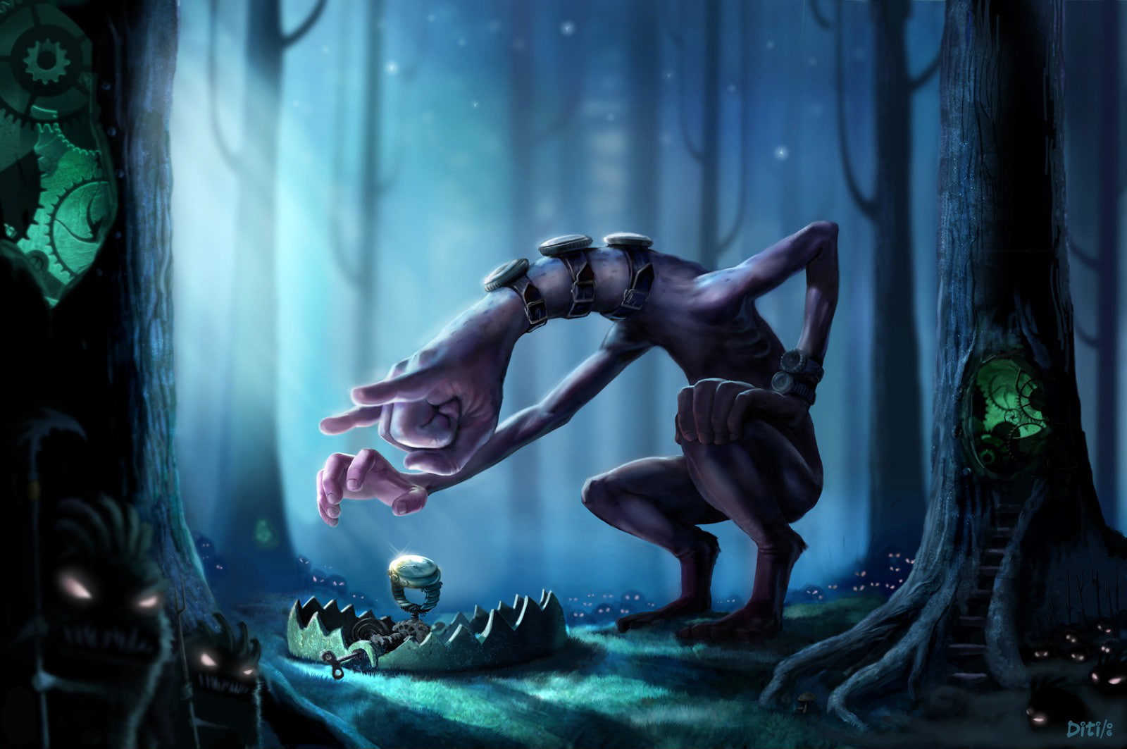 spooky, touch, trap, tank, forest, statue, no people, sculpture, watch, science, human representation, dark, architecture, representation, artwork, nature, HD Wallpaper