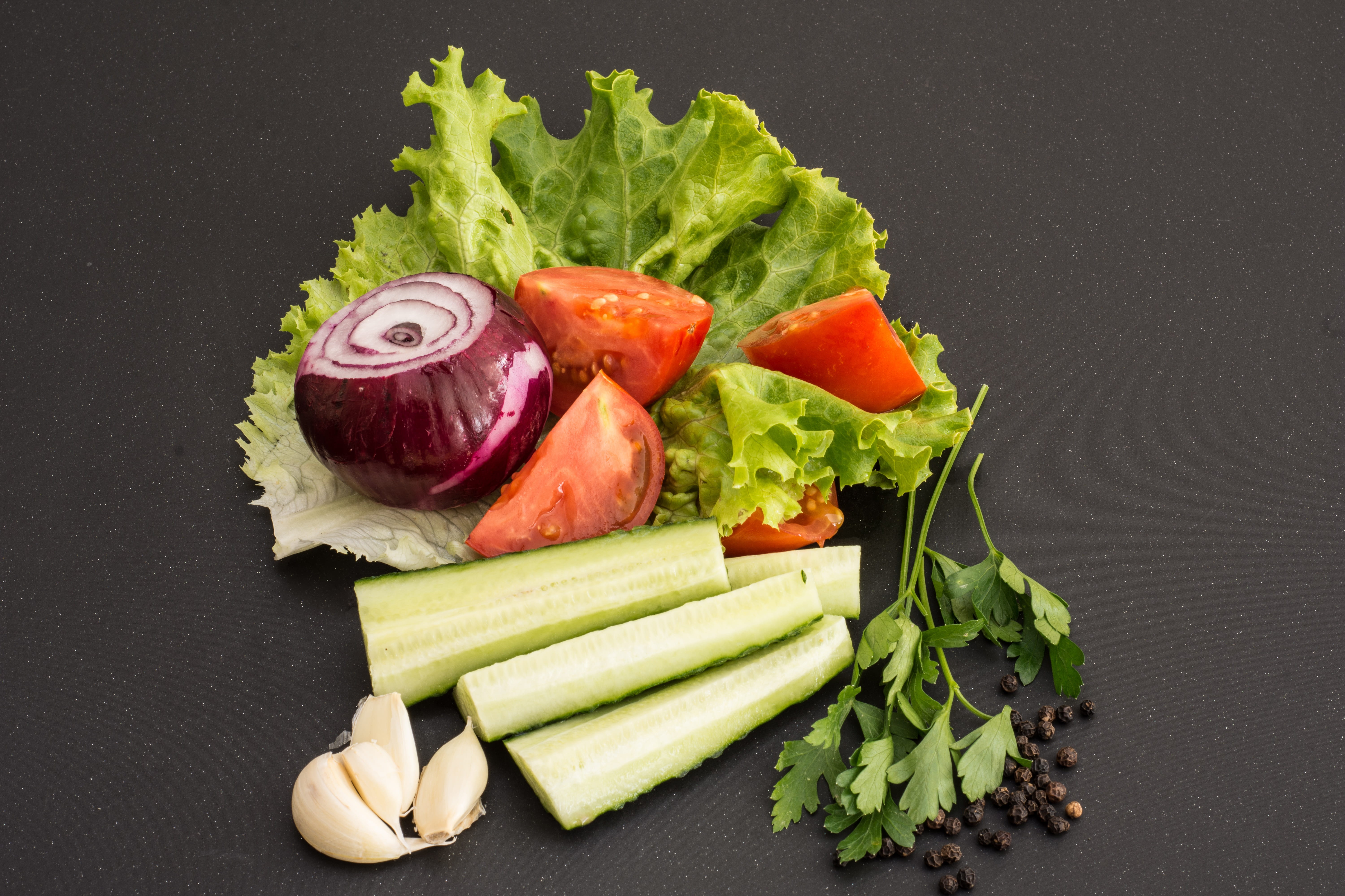healthy lifestyle, healthy, raw, lettuce, fresh, garlic, vegan, eating, vegetable, freshness, eat, wellbeing, vegetarian food, studio shot, celery, black background, HD Wallpaper