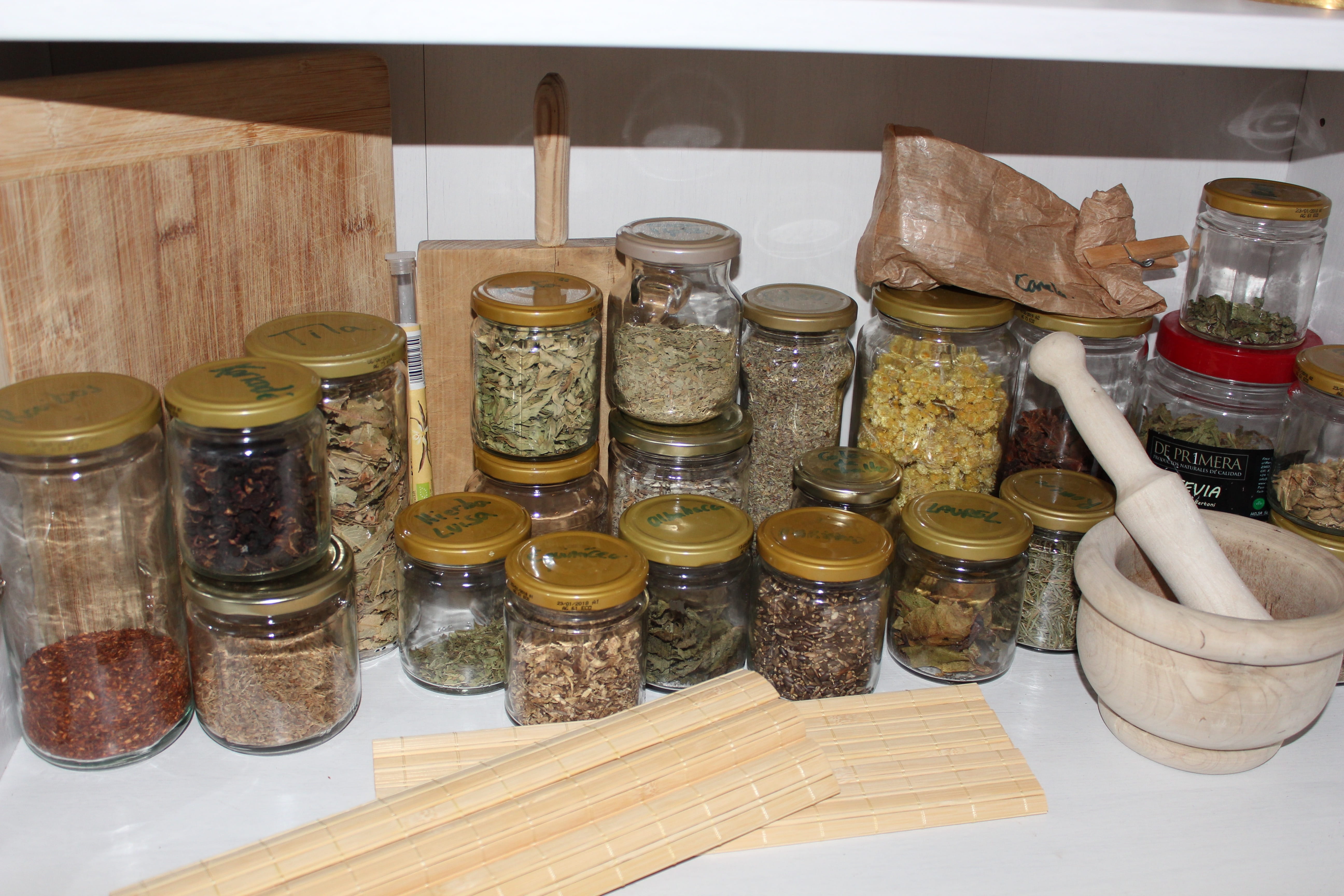 Plants, herb, spices and herbs, mint, plant, ingredient, leaves, choice, herbal, jar, spice, transparent, container, culinary, mortar, wood - material, HD Wallpaper
