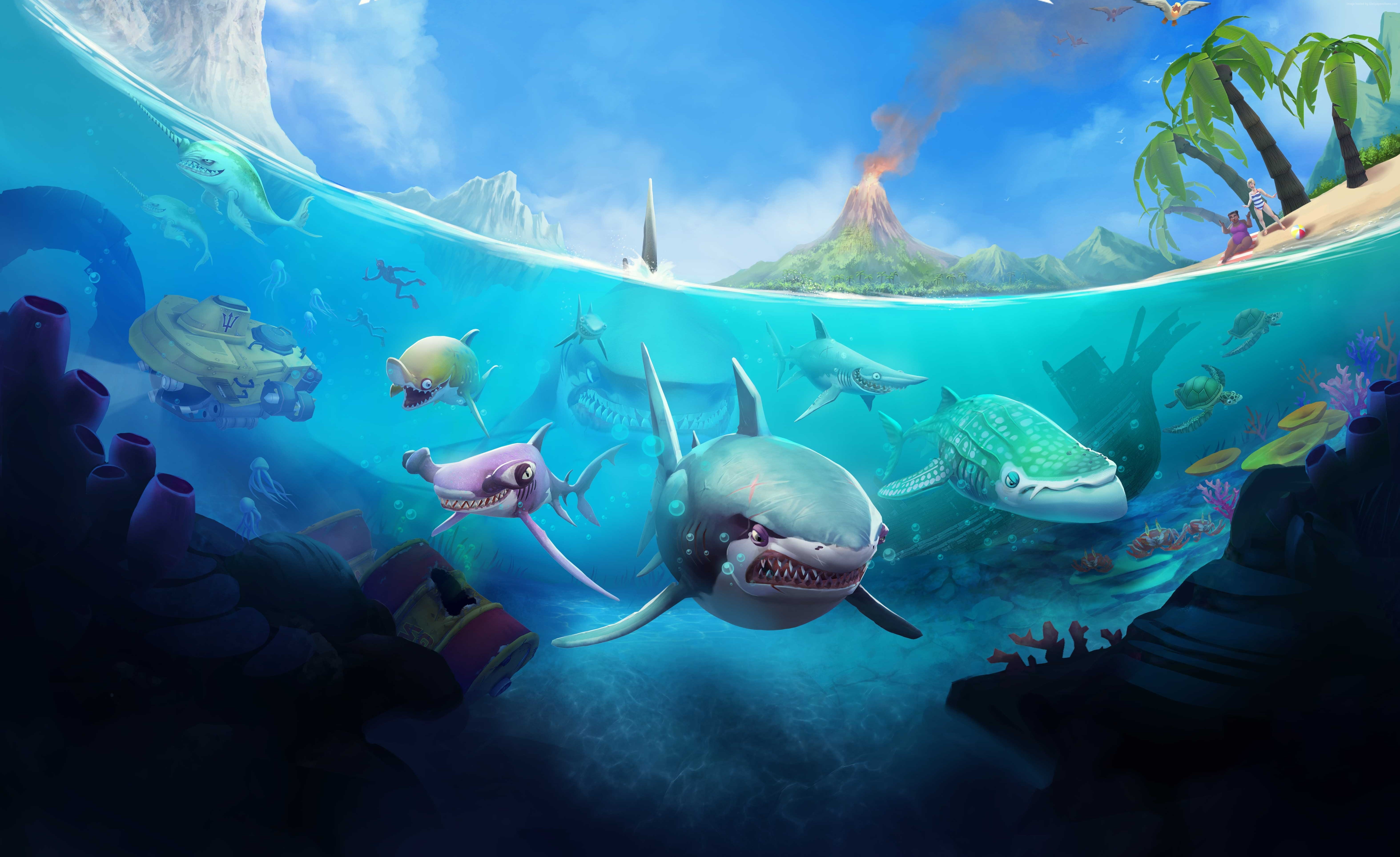 Android, shark, Hungry Shark World, iOS, 5K, HD Wallpaper