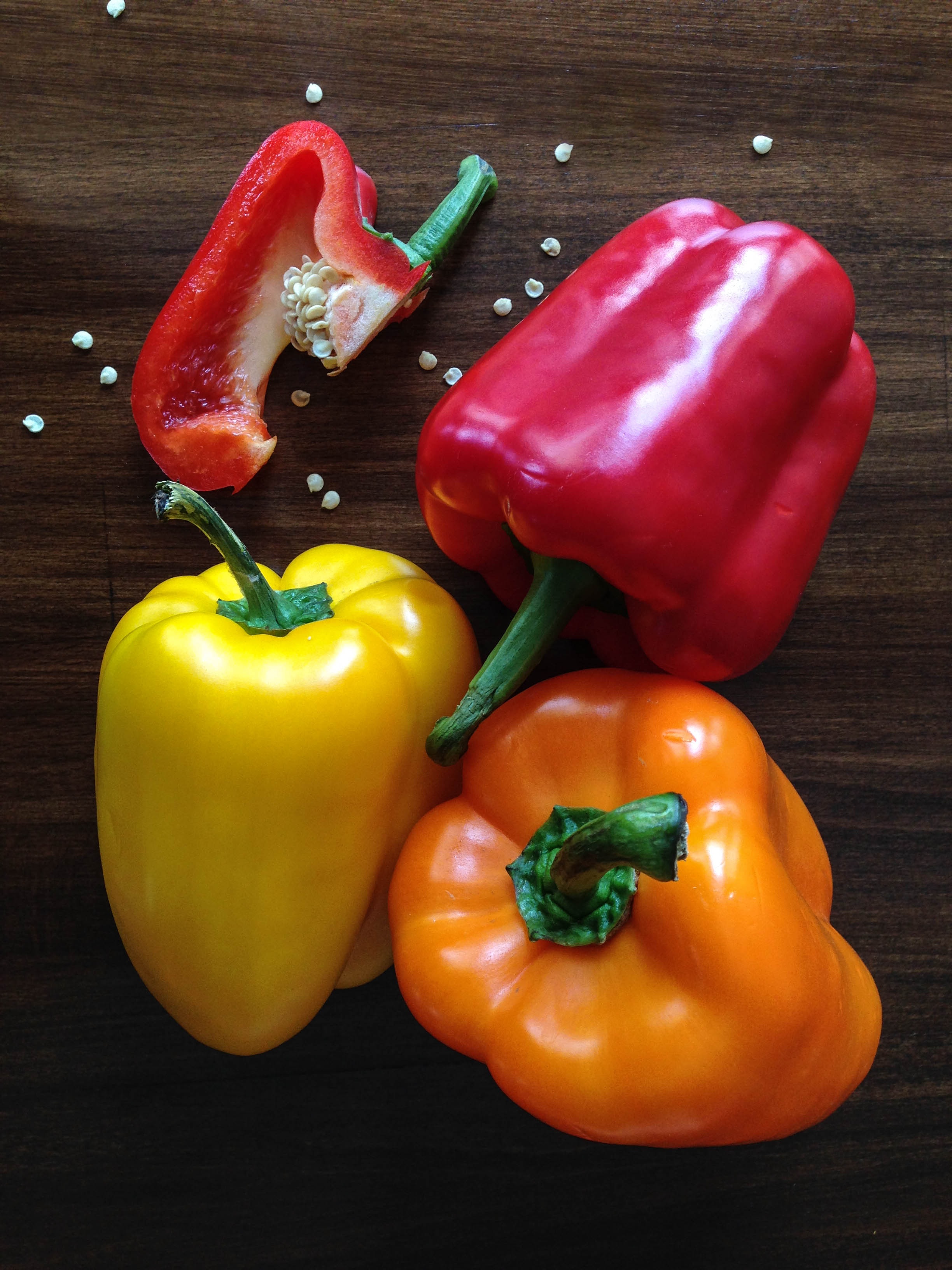 indoors, wellbeing, colorful, orange, yellow, healthy eating, red bell pepper, freshness, plant stem, vitamin, ripe, raw, nutrition, vegetarian, capsicum, Phone HD Wallpaper