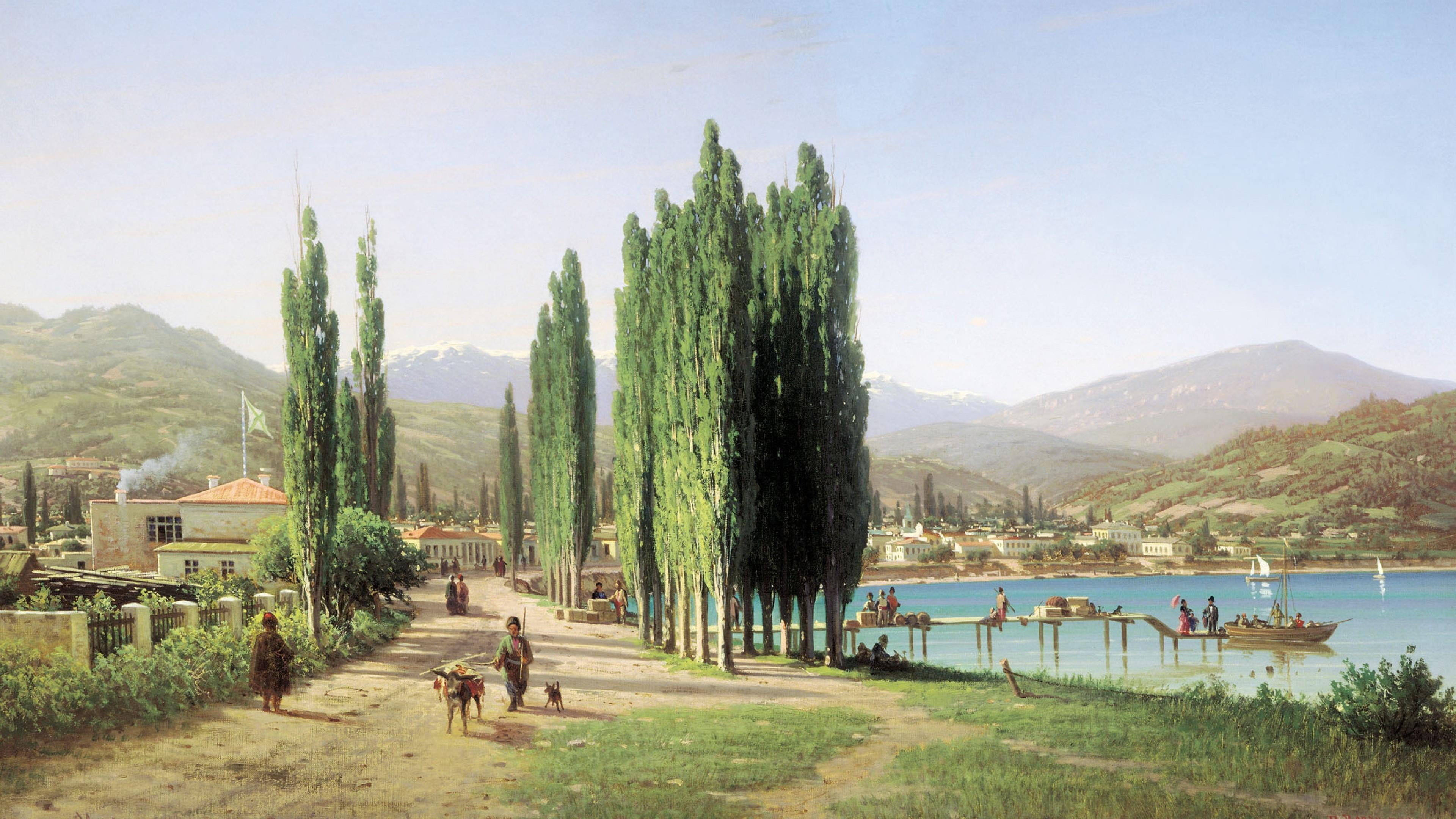 artwork, landscape, sukhum-kale, architecture, artistic, group of people, alley, petrovich vereshchagin, day, painting, mountain, mountain range, land, HD Wallpaper