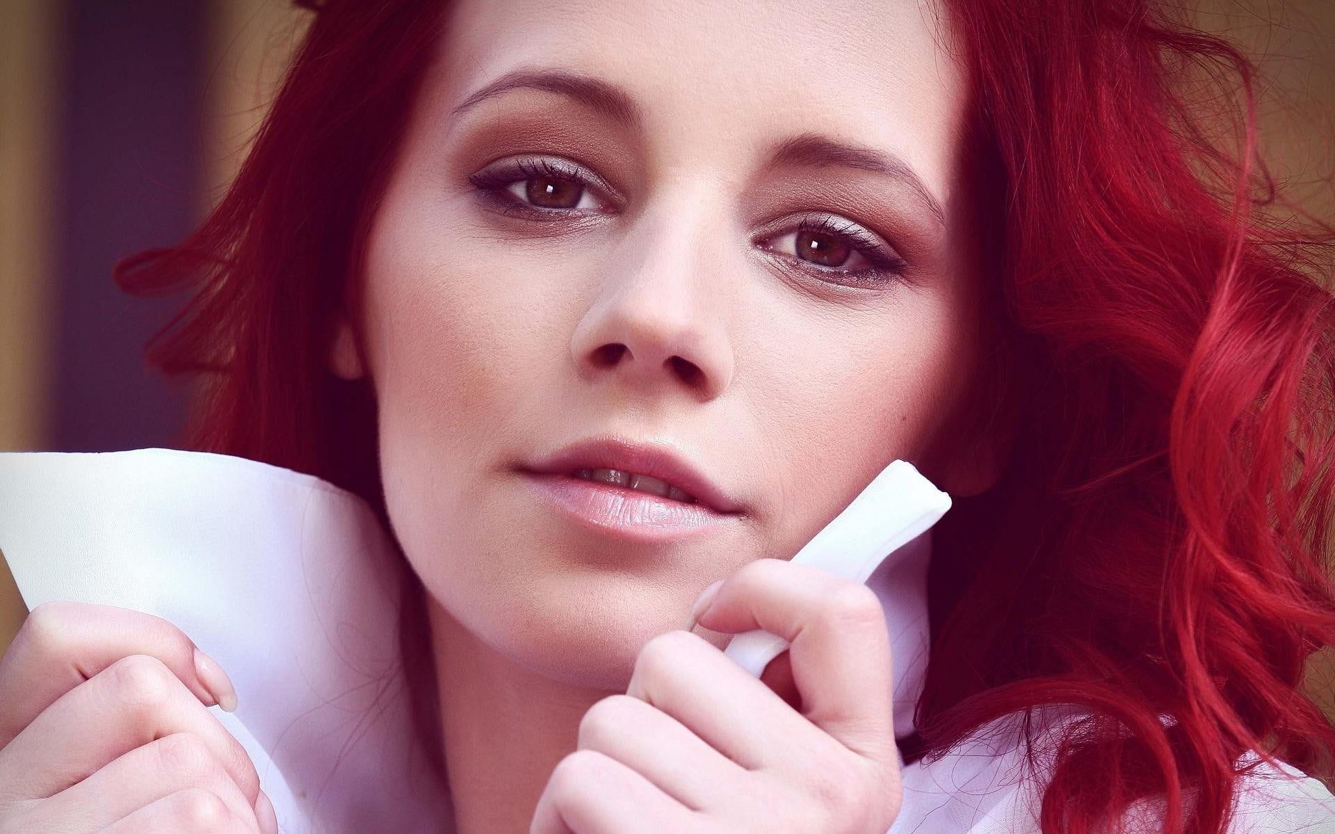 neck, shirt, s, adult, redhead, close-up, young adult, indoors, beauty, young women, one person, contemplation, human body part, dyed red hair, human face, HD Wallpaper