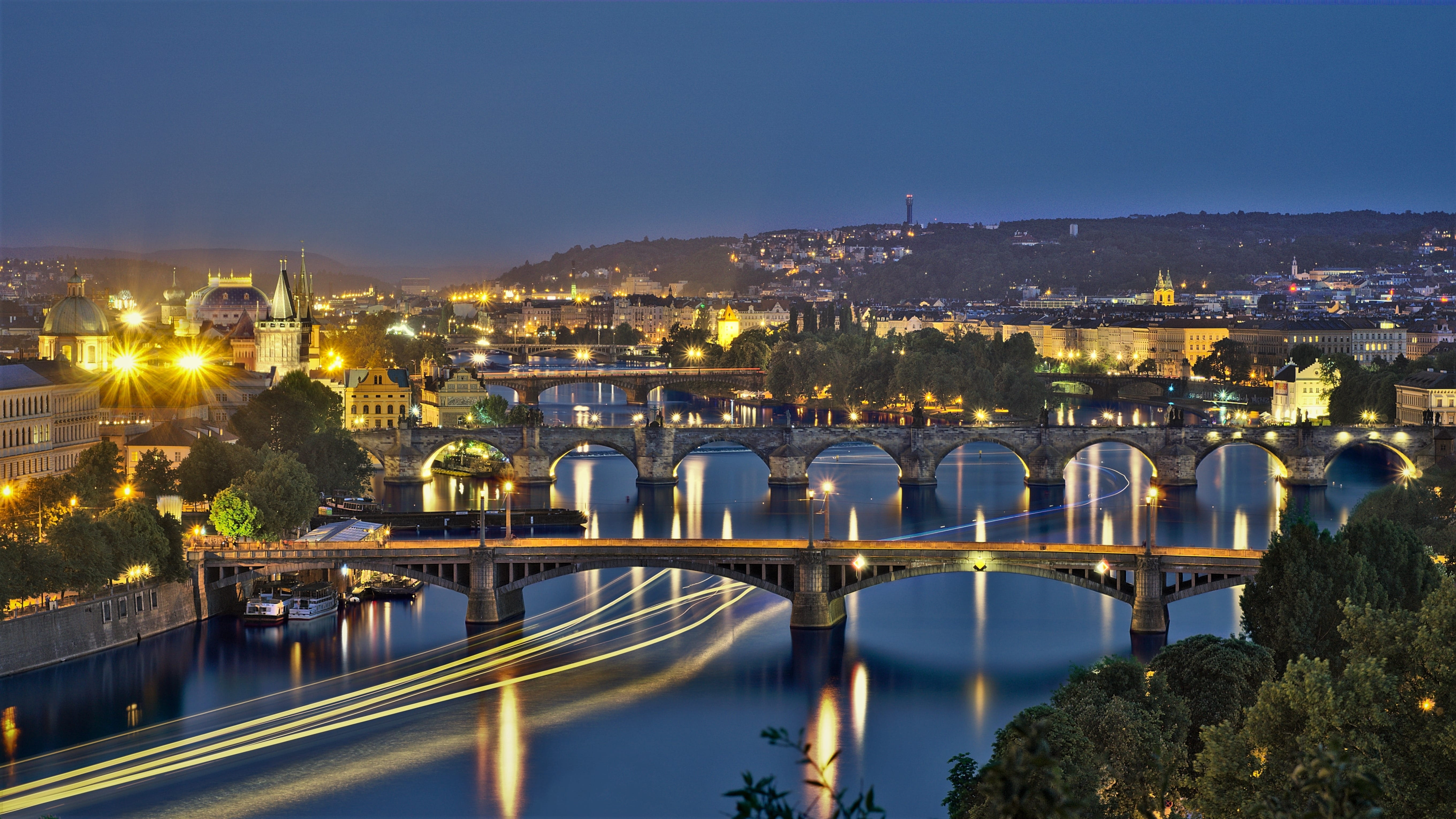 historical city, bridge - man made structure, praha, outdoors, bridge, architecture, connection, water, 5K, illuminated, moldova, historic center, historically, HD Wallpaper