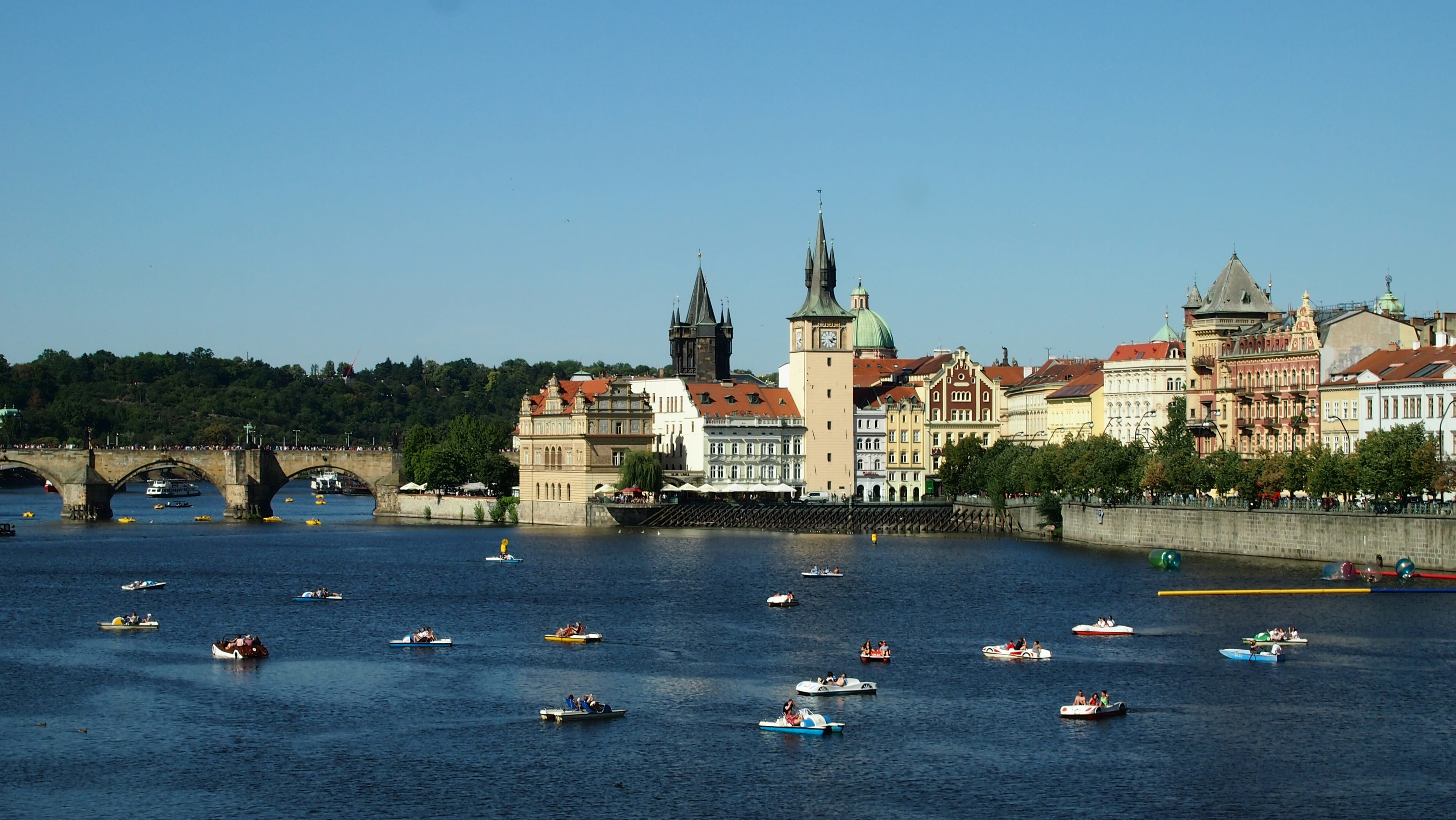 spire, nautical vessel, praha, place of worship, czech republic, blue, mode of transportation, clear sky, water, day, built structure, travel destinations, HD Wallpaper