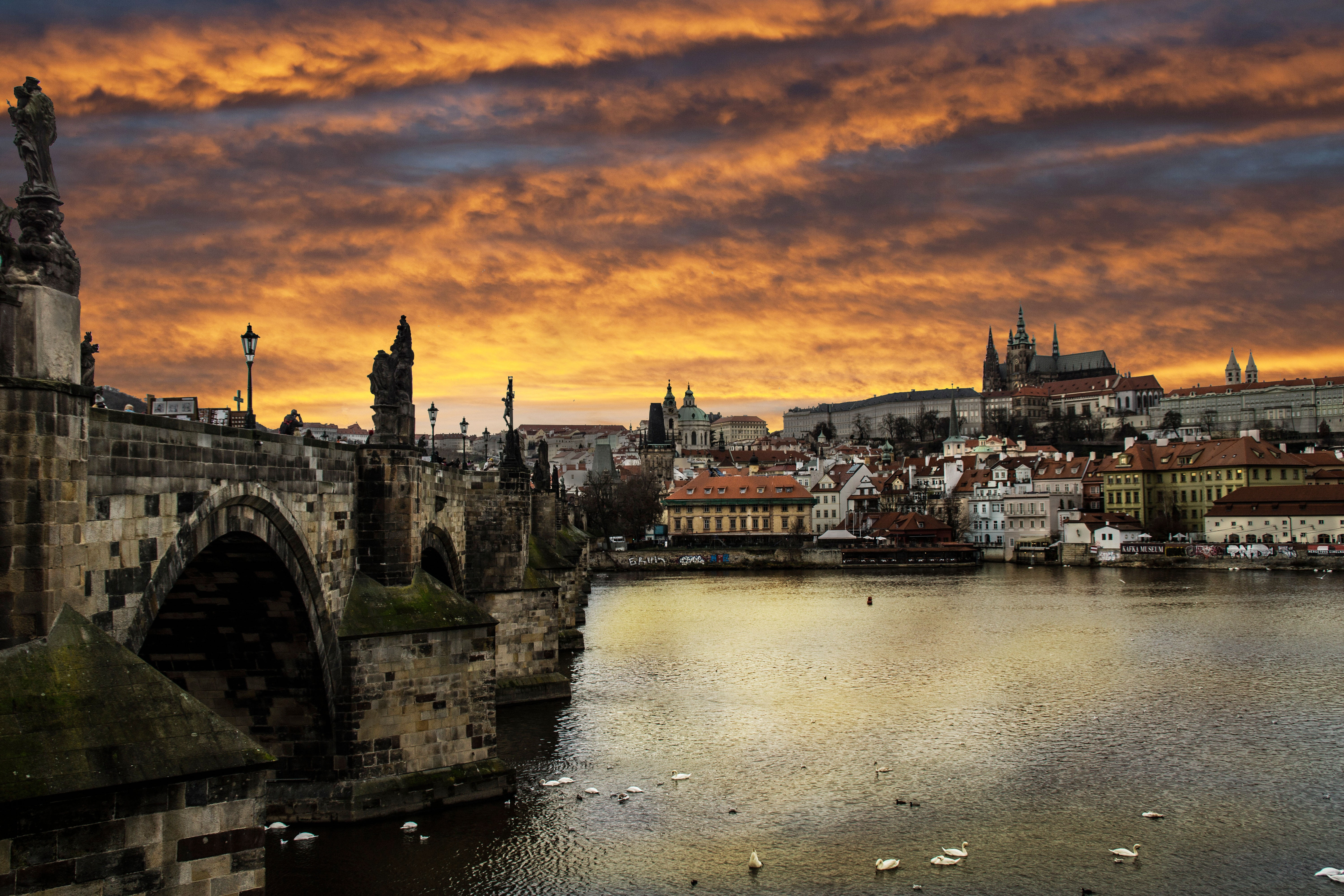 vltava River, outdoors, nature, charles Bridge, cloudy, urban Scene, sunset, cityscape, arch, night, cloud - sky, travel destinations, 5K, history, prague, HD Wallpaper