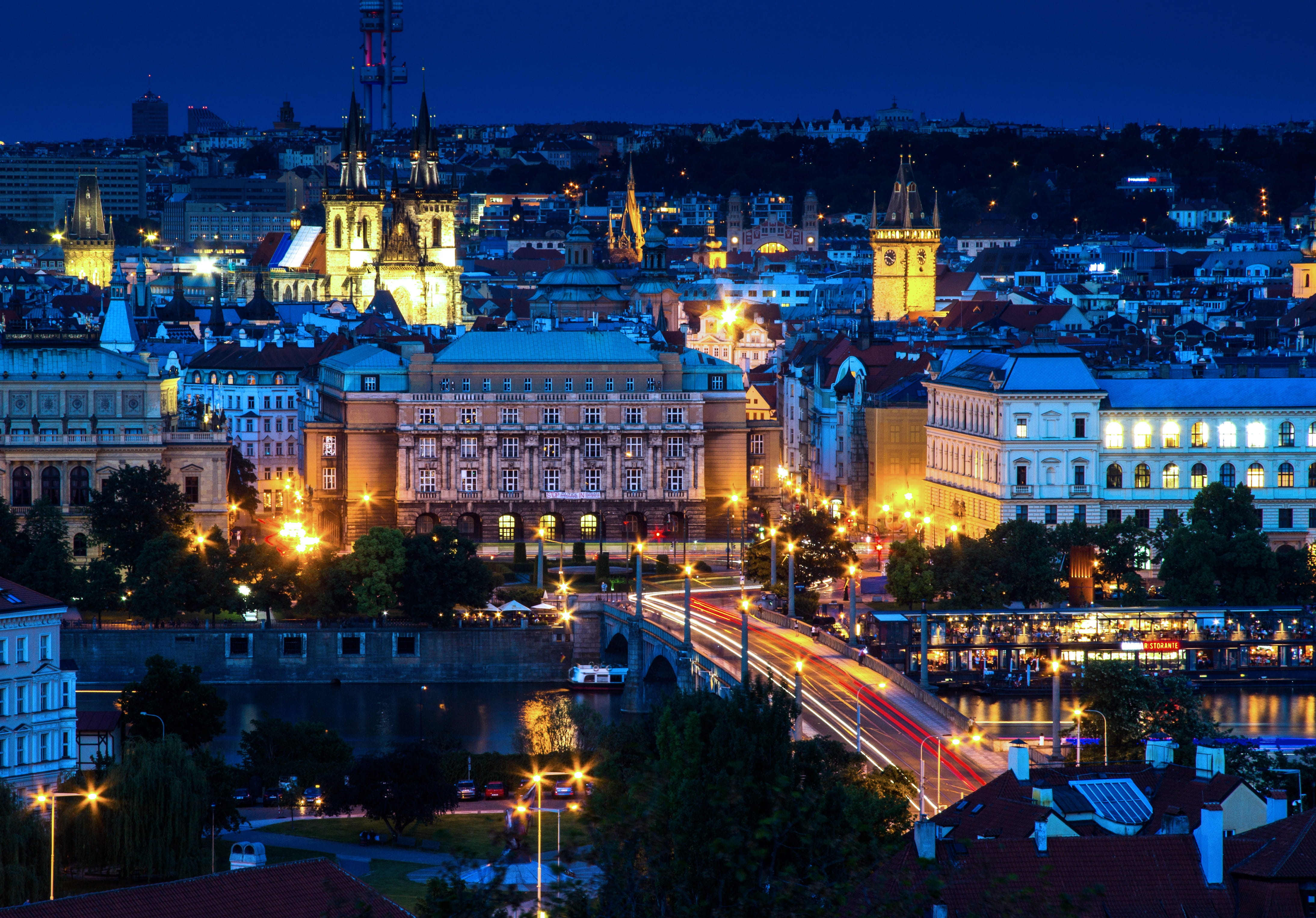 lights, cathedral, architecture, Prague, long exposure, Photograph, outdoors, concrete, view, street, building, Night, illuminated, europe, cityscape, motion, HD Wallpaper