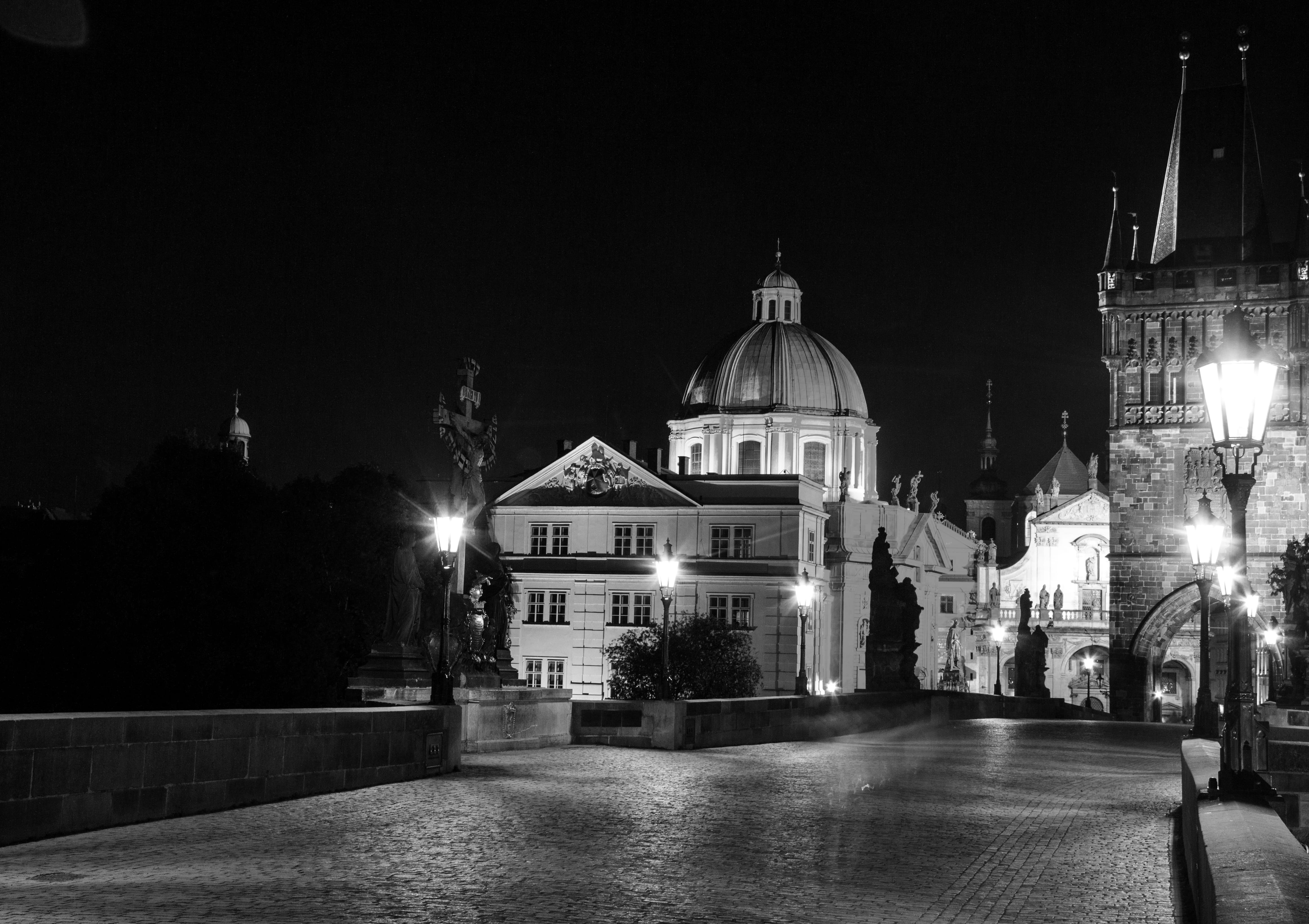 nature, 4K, black and white, tower, lighting equipment, no people, night, dome, historically, prague, Night, Lights, Lanterns, landmark, building, building exterior, HD Wallpaper