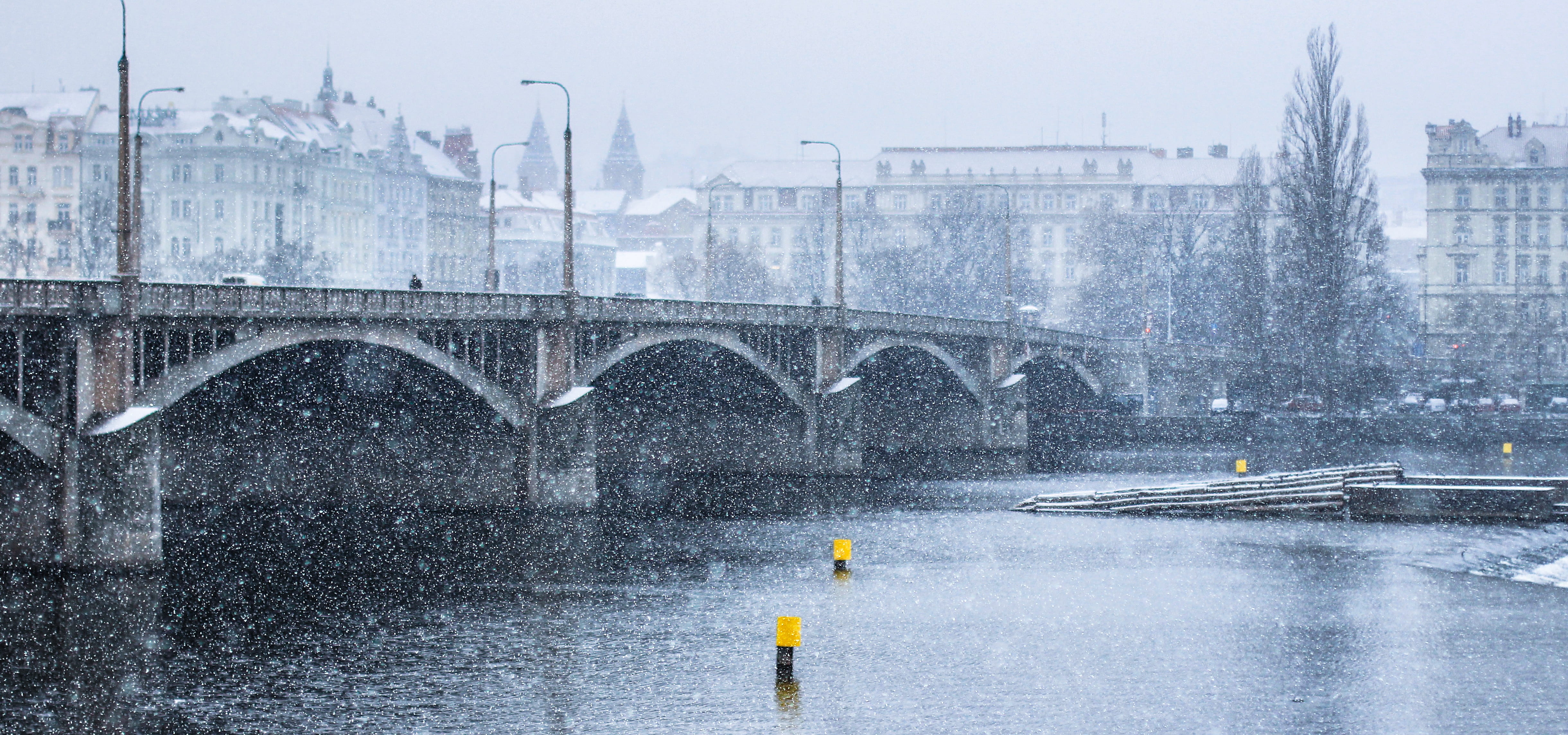 trees, cold, contrast, river, outdoors, winter, nature, building exterior, cold temperature, reflection, rain, czech republic, yellow, connection, white, HD Wallpaper