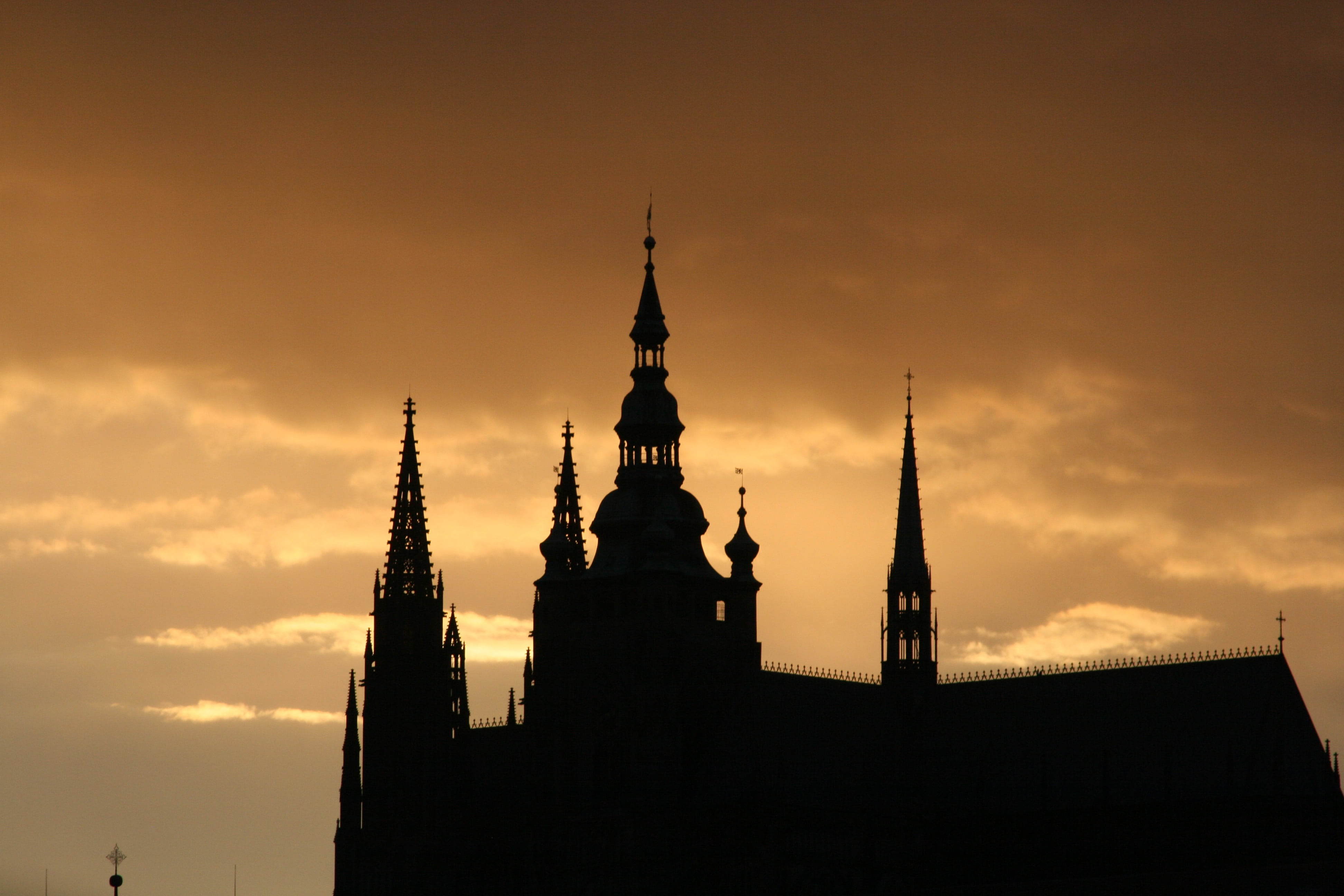 historically, prague, light, clouds, 4K, spire, places of interest, built structure, cloud - sky, city view, no people, silhoutte, belief, night, tower, HD Wallpaper