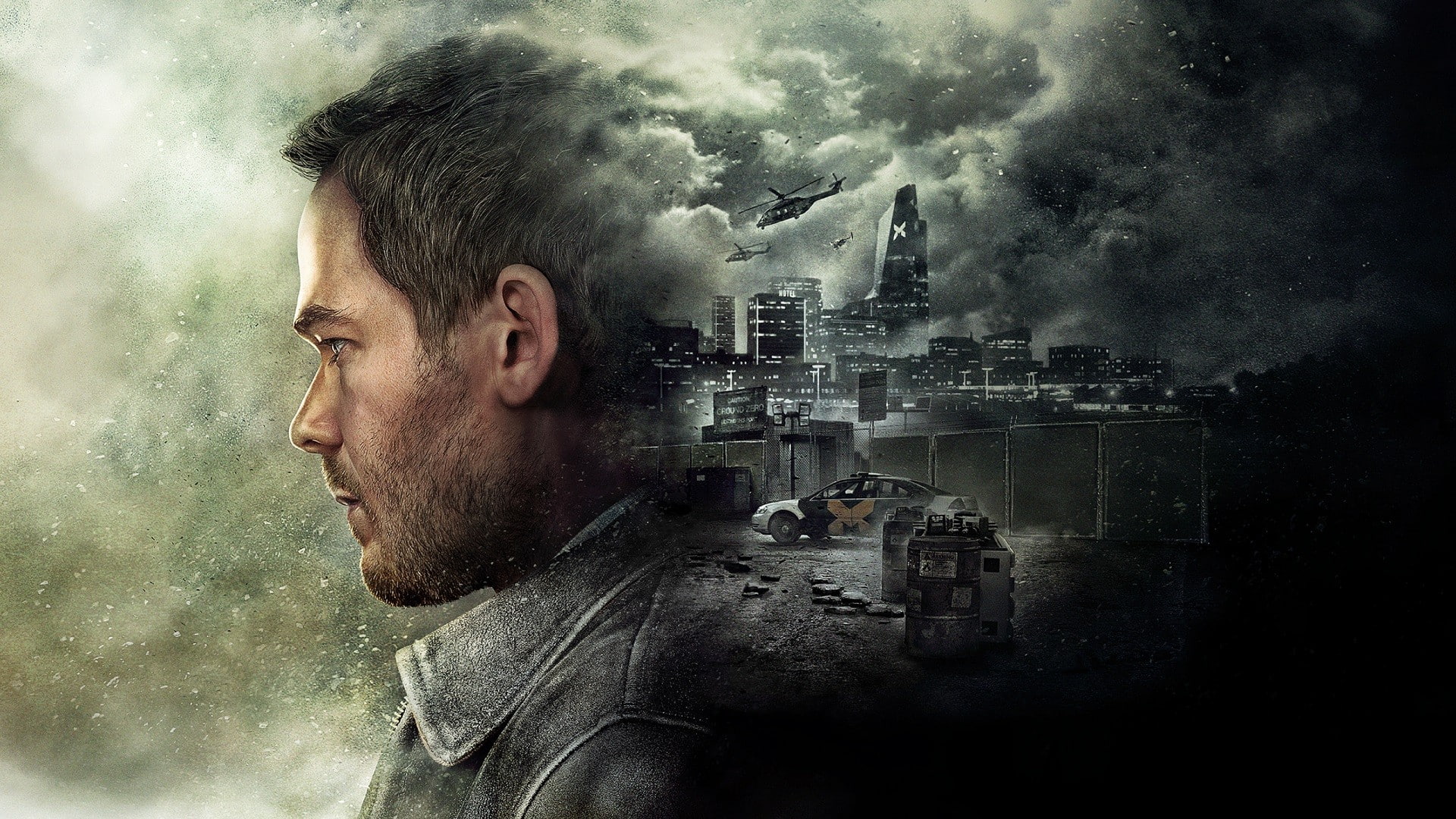 artwork, composite image, smoke - physical structure, video games, profile view, one person, headshot, multiple exposure, cloud - sky, dark, city, helicopters, HD Wallpaper