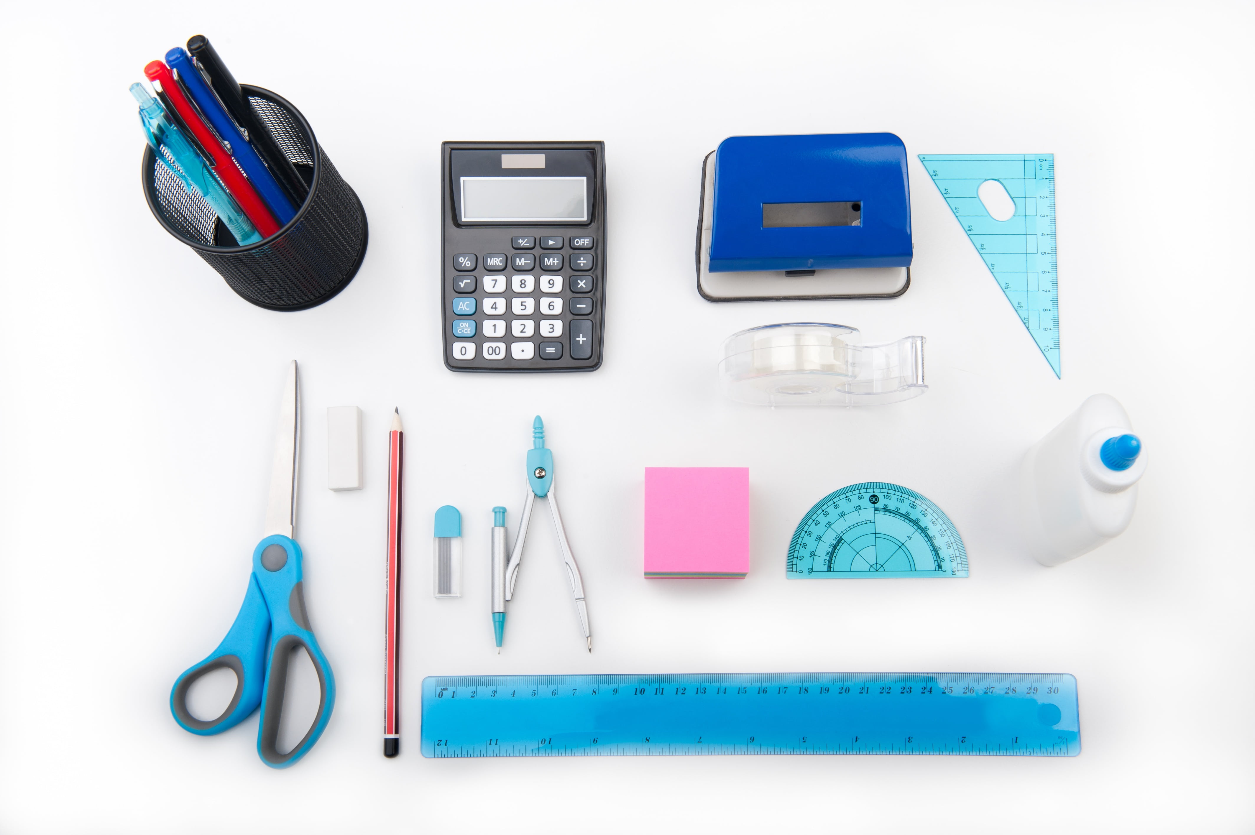 study, supplies, office supply, close-up, education, document, office, blue, teach, computer, technology, scissors, desk, white background, professional, HD Wallpaper