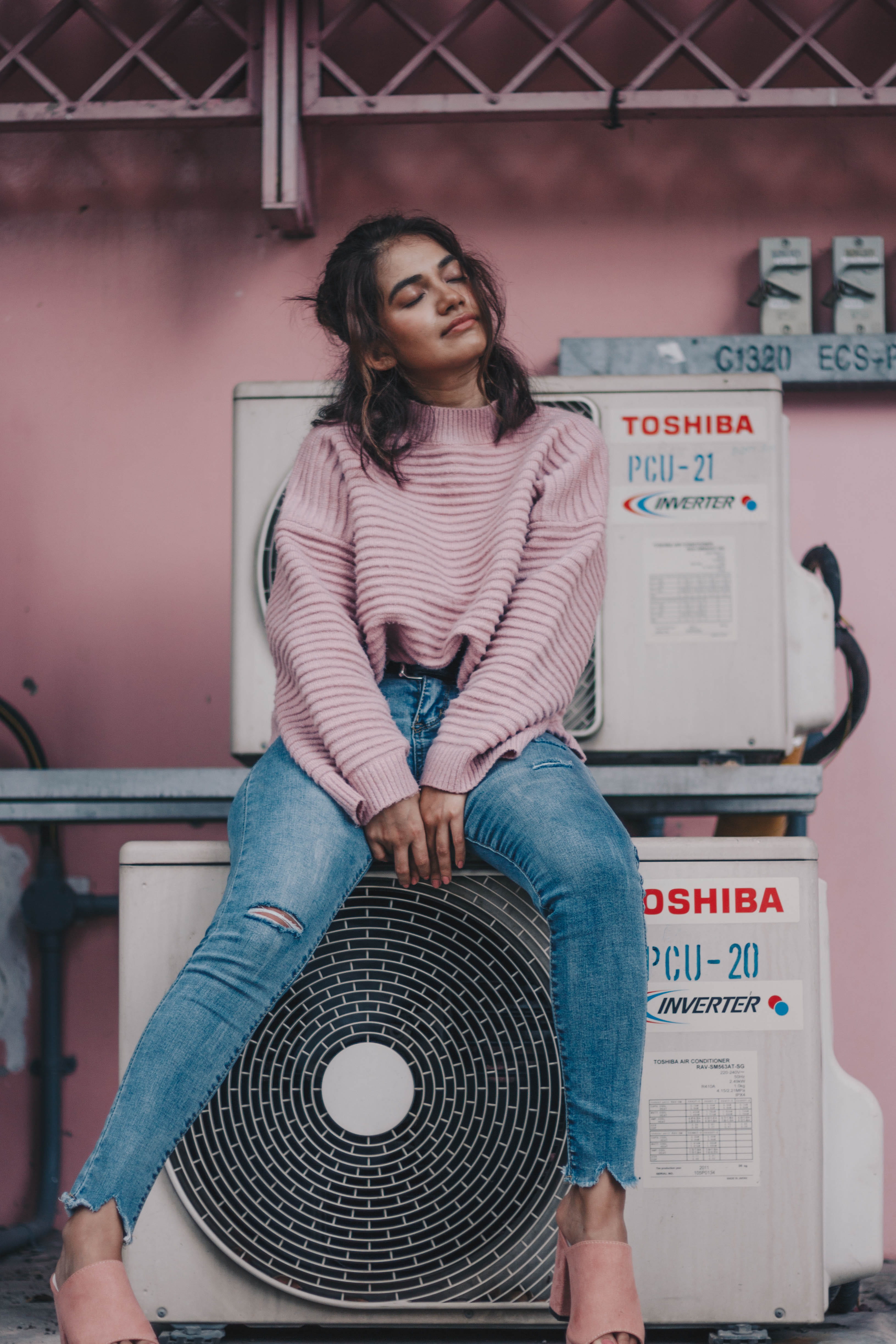 leisure activity, air, teenager, indoors, jeans, young women, industrial, white, girly, women, contemplation, one person, three quarter length, lifestyles, Phone HD Wallpaper