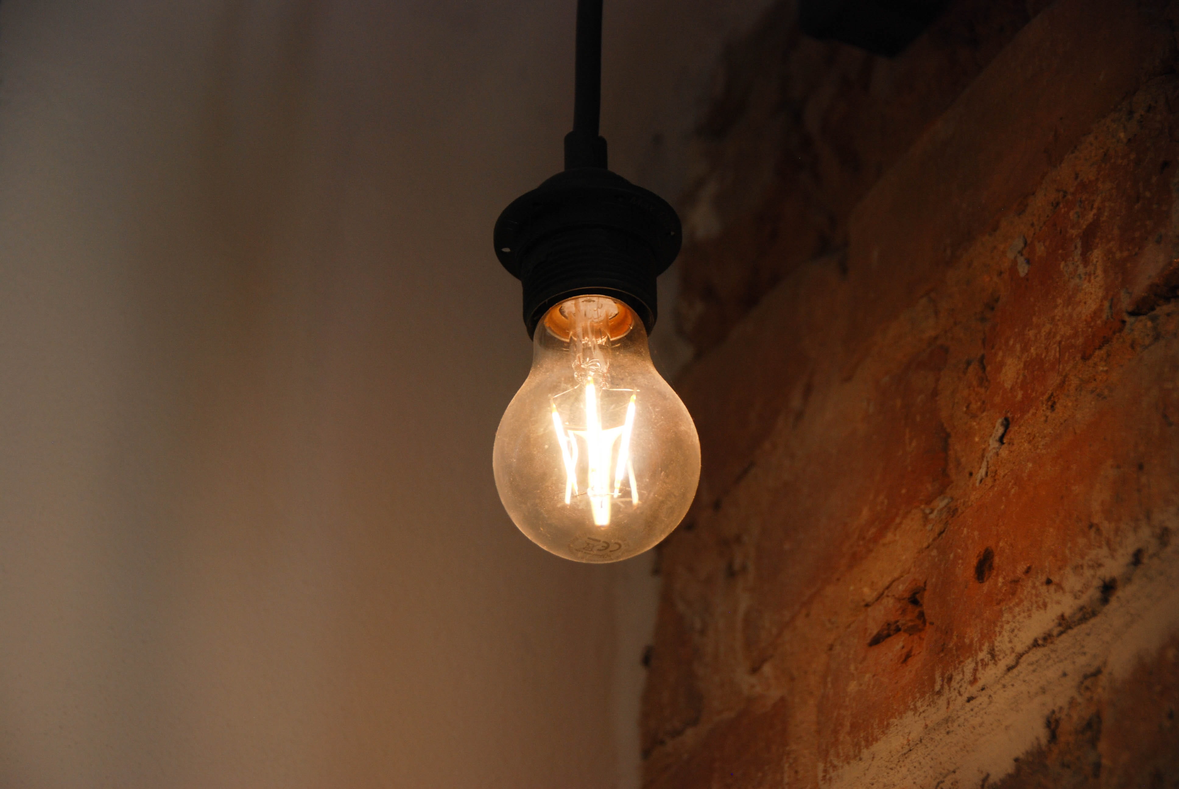 lamp, turned, power supply, wall, house, indoors, lightbulb, electric light, vintage, bricks, design, power, energy, glowing, focus on foreground, lighting equipment, HD Wallpaper
