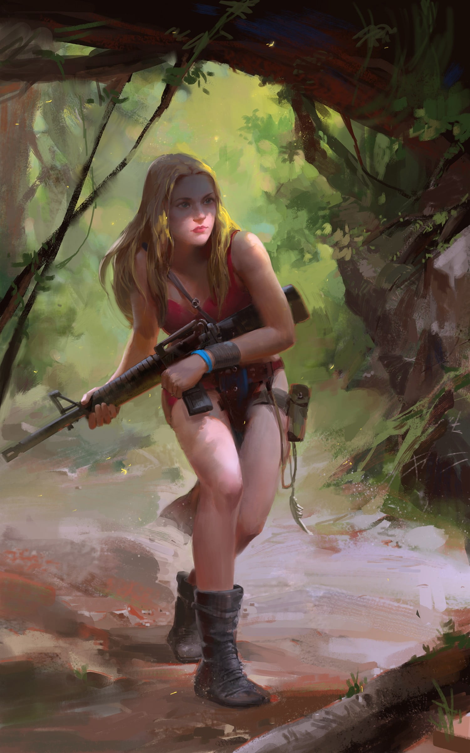 1080P, women, outdoors, water, contemplation, futuristic, tree, beautiful woman, fantasy art, long hair, young women, adult, girls with guns, front view, Phone HD Wallpaper