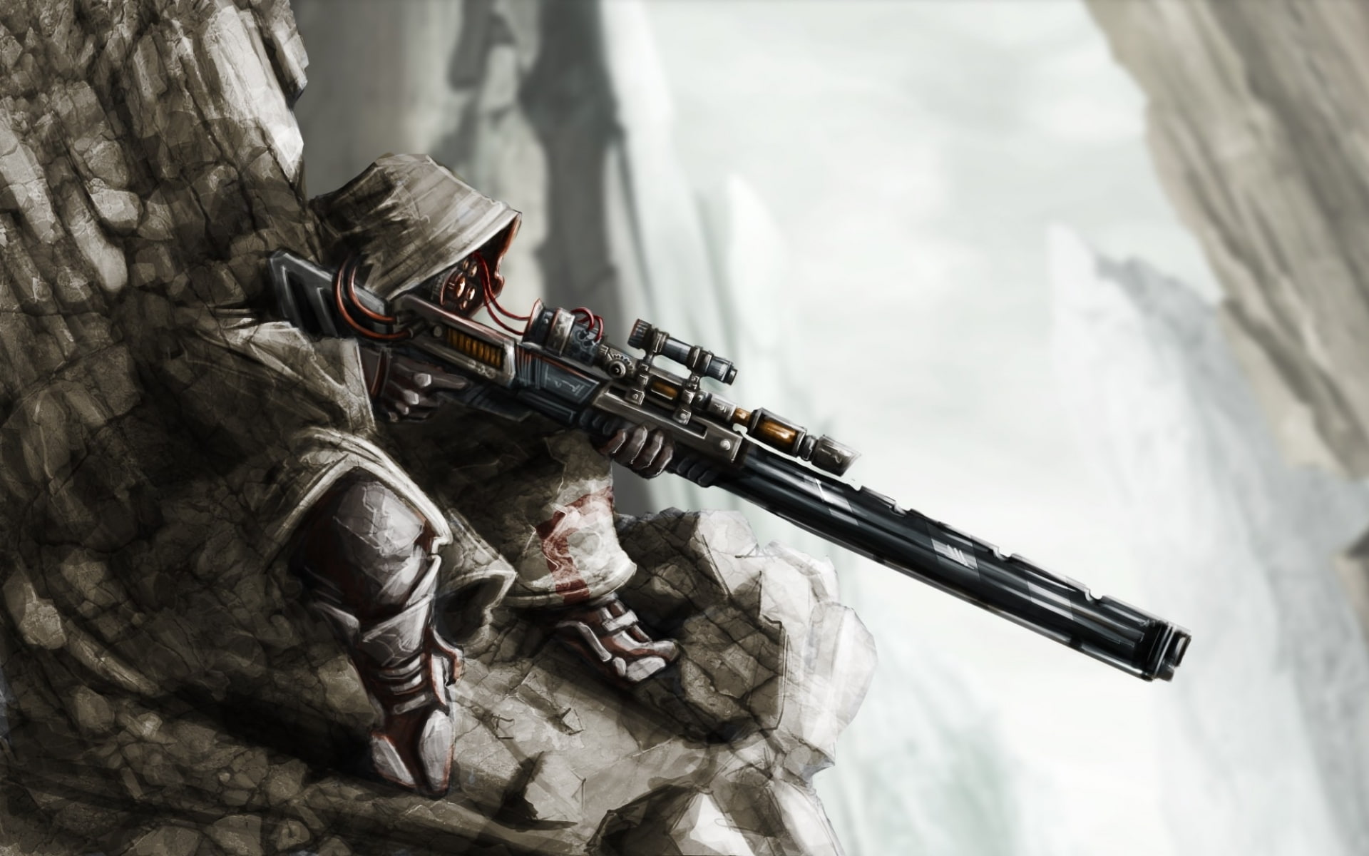 sniper, guns, scope, warrior, snow, illustration, anime, war, rifle, fantasy, mask, 1080P, holding, nuature, battle, soldier, mountains, weapons, landscapes, HD Wallpaper