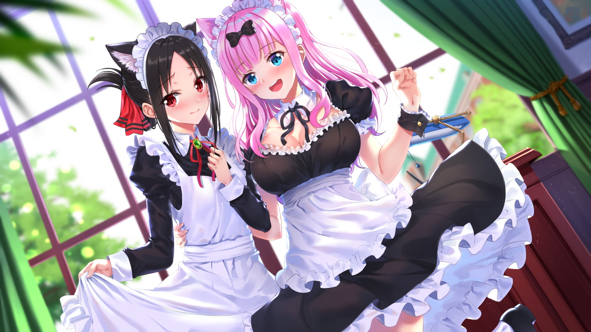 dress, anime, 2D, long hair, Chika Fujiwara, maid, pink hair, cat ears, maid outfit, 1080P, bangs, fan art, digital art, illustration, black hair, anime girls, HD Wallpaper