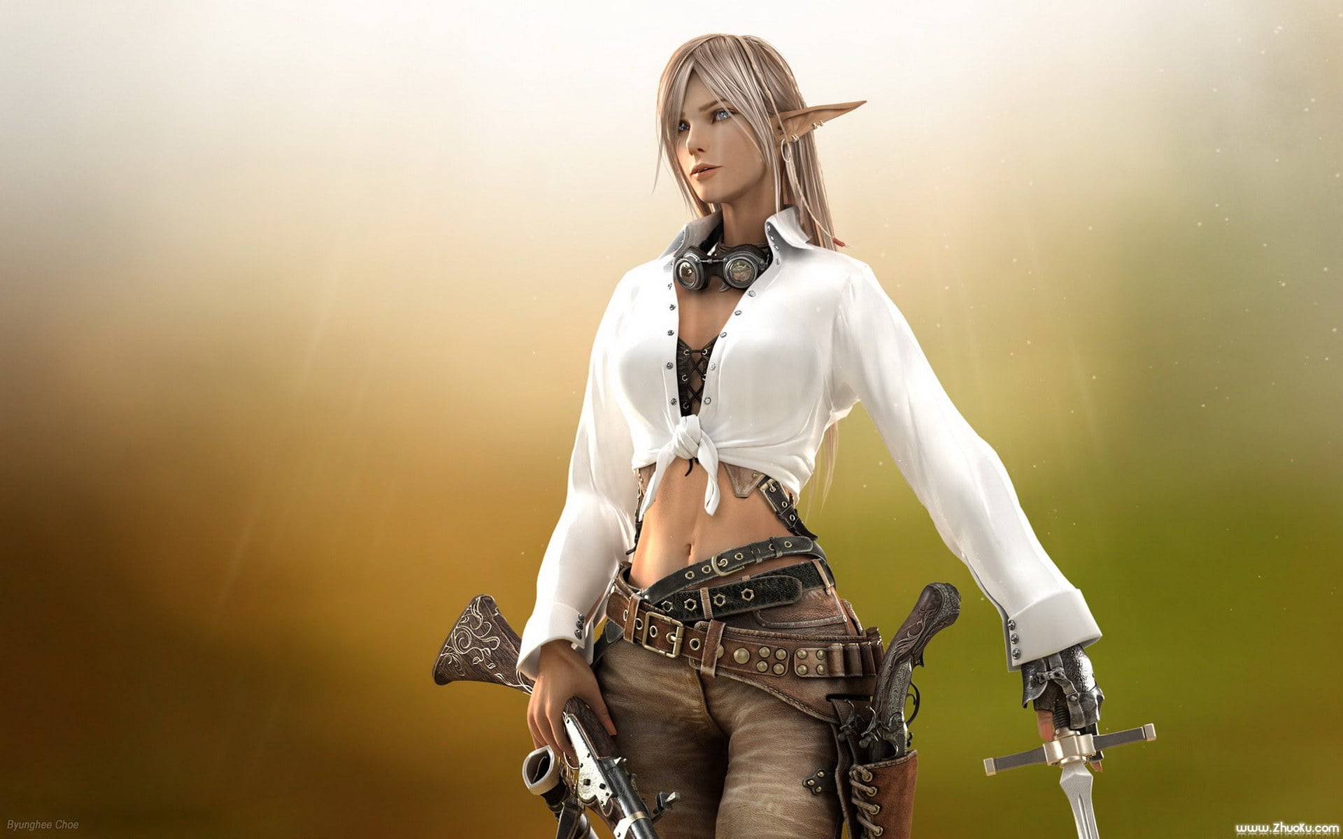 young adult, gun, weapon, elf, hairstyle, holding, animated, young women, anime, beauty, women, 1080P, metal, one person, protection, adult, rifles, Anime / Animated, HD Wallpaper