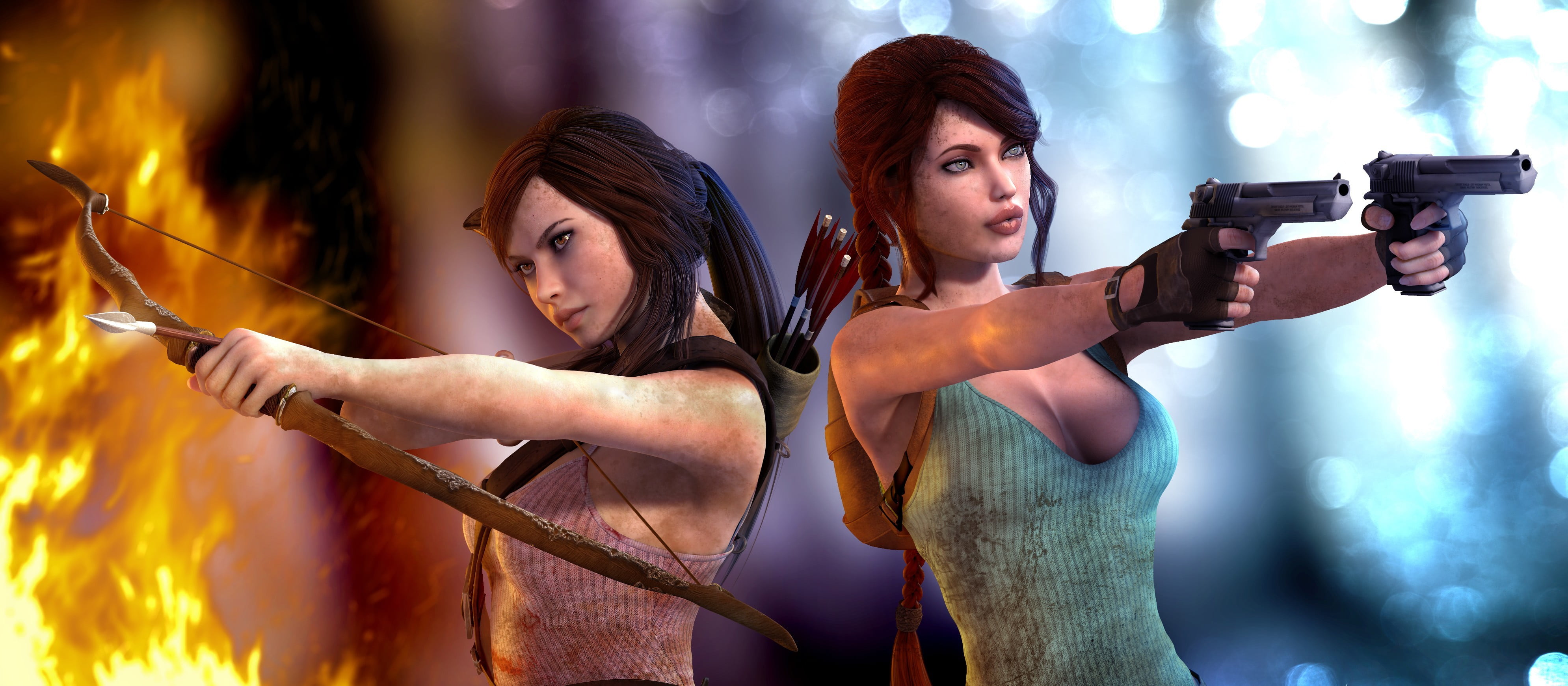 Tomb Raider, healthy lifestyle, sports training, bow, two people, strength, 4K, lifestyles, beauty, fire, young women, holding, muscular build, HD Wallpaper