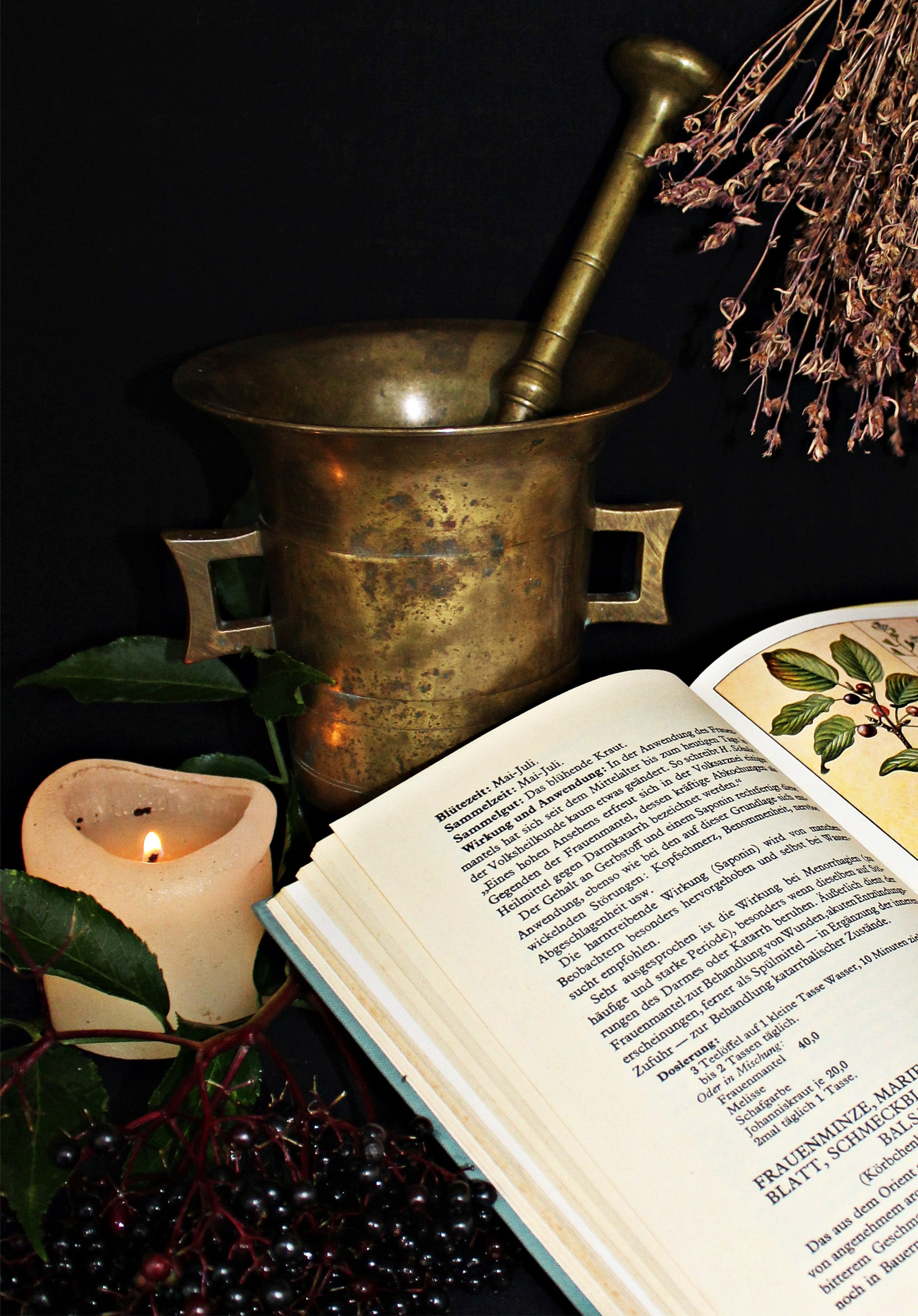 spice, capsule, wellbeing, studio shot, still life, book, bless you, fire, patch up, black background, burning, brass, medicine, pestle, candle, Alchemy, Phone HD Wallpaper