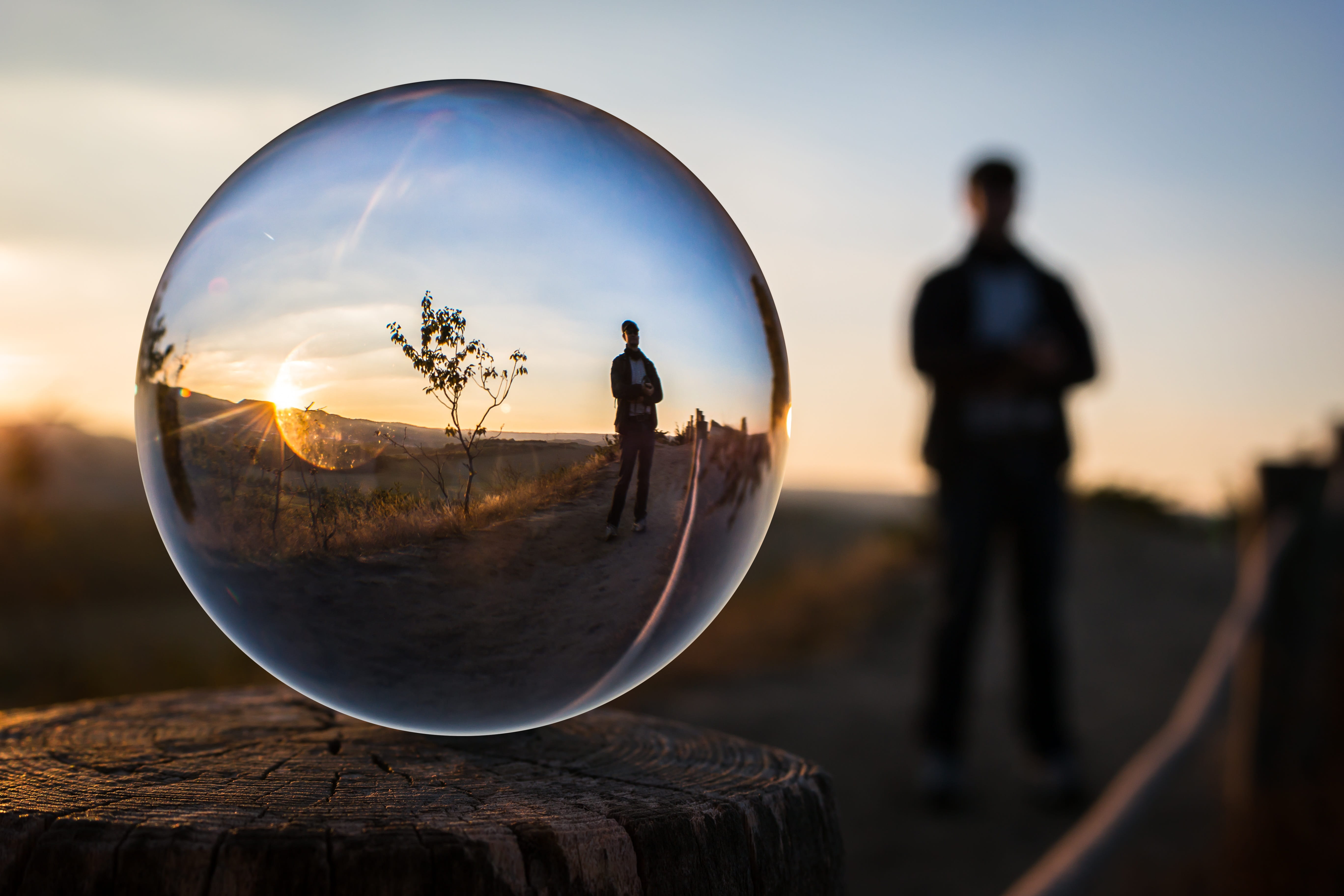 close-up, focus on foreground, ball, 5K, taking photo, focus, sphere, perspective, wood - material, transparent, men, selective, reflection, standing, HD Wallpaper