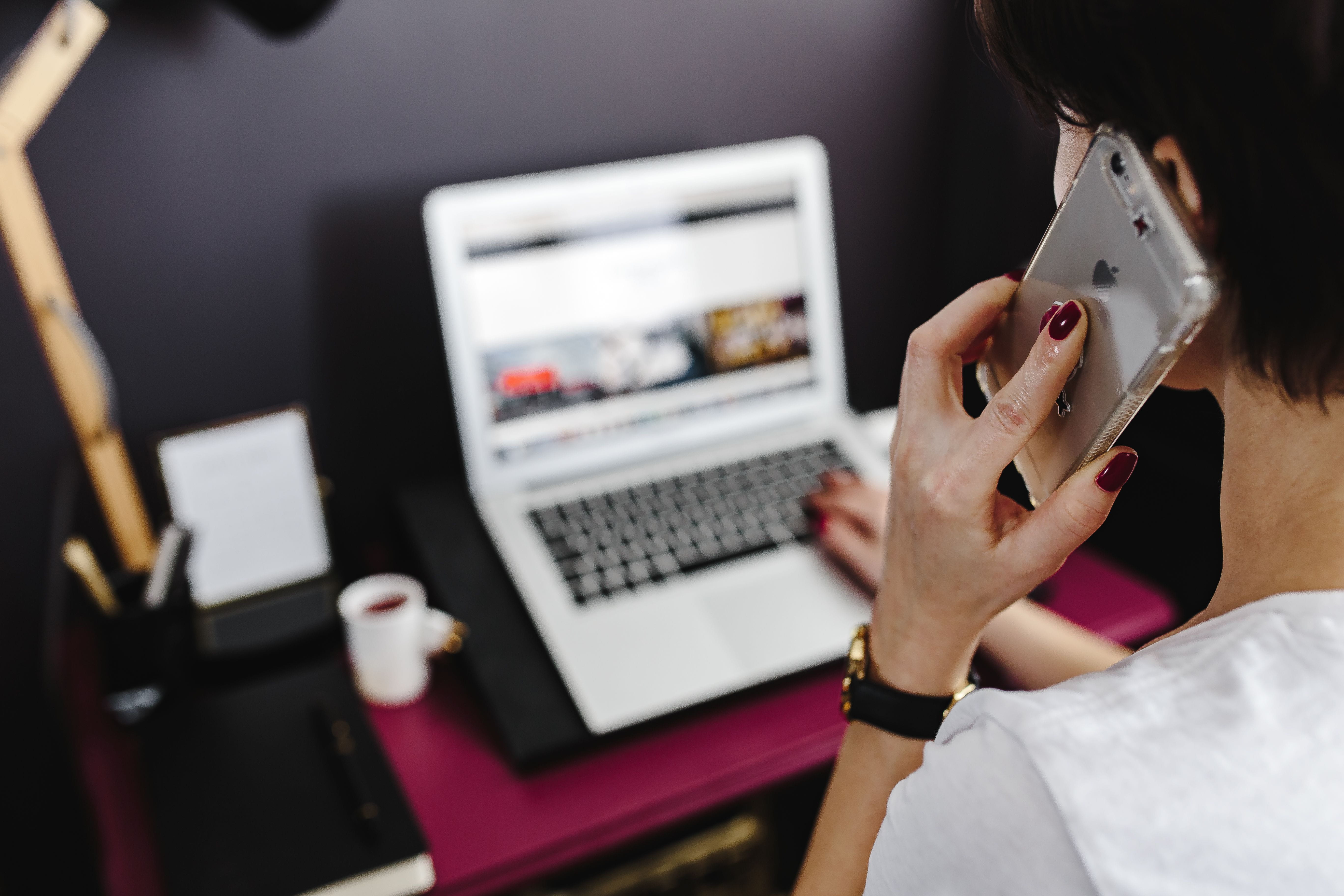 sitting, Pink, adult, businesswoman, home, workspace, office, focus on foreground, stylish, indoor, computer monitor, 5K, business, indoors, technology, HD Wallpaper