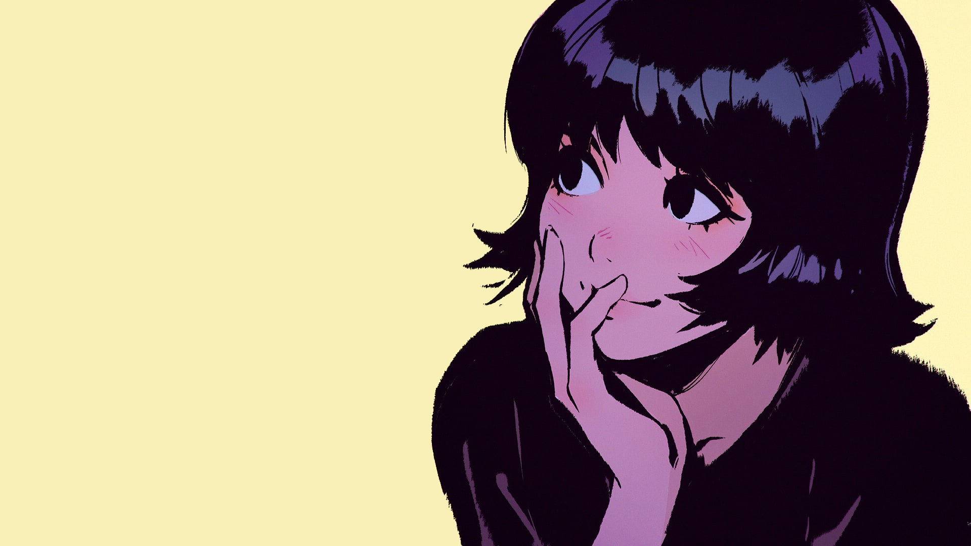 short hair, hand on face, drawn, 1080P, looking away, women, brunette, digital art, Ilya Kuvshinov, HD Wallpaper