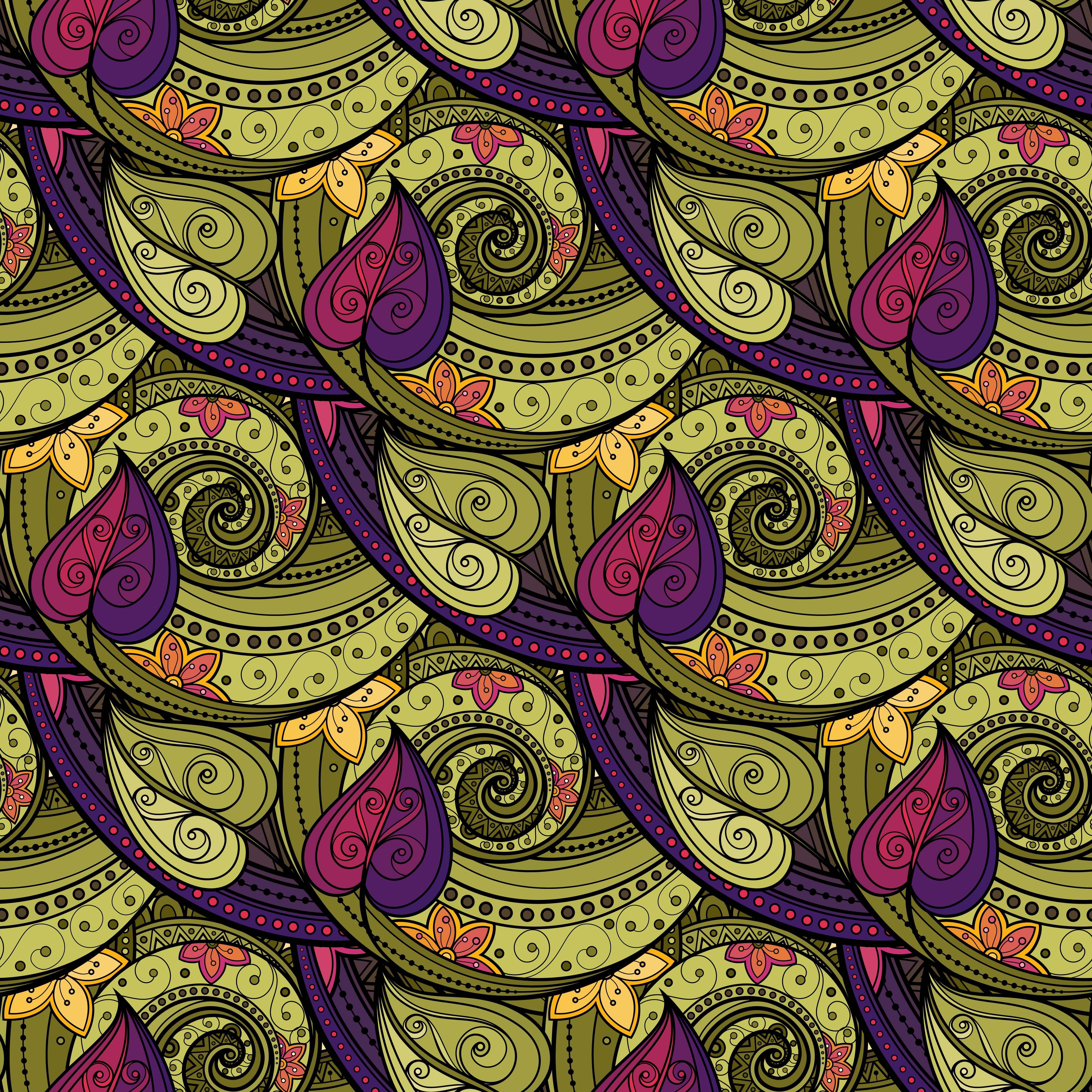 pattern, drawn, floral, hand, garden, Paisley, style, seamless, texture, 5K, vector, Phone HD Wallpaper
