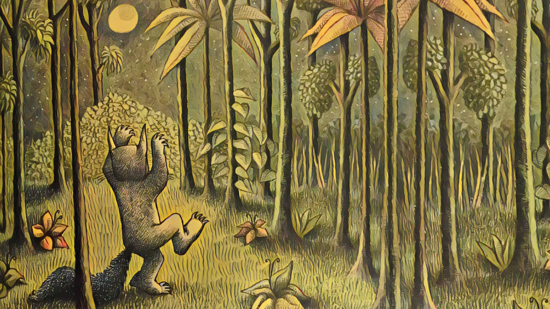 1080P, outdoors, jungle, Maurice Sendak, forest, painting, backgrounds, Moon, architecture, day, full frame, wall - building feature, wolf, representation, HD Wallpaper