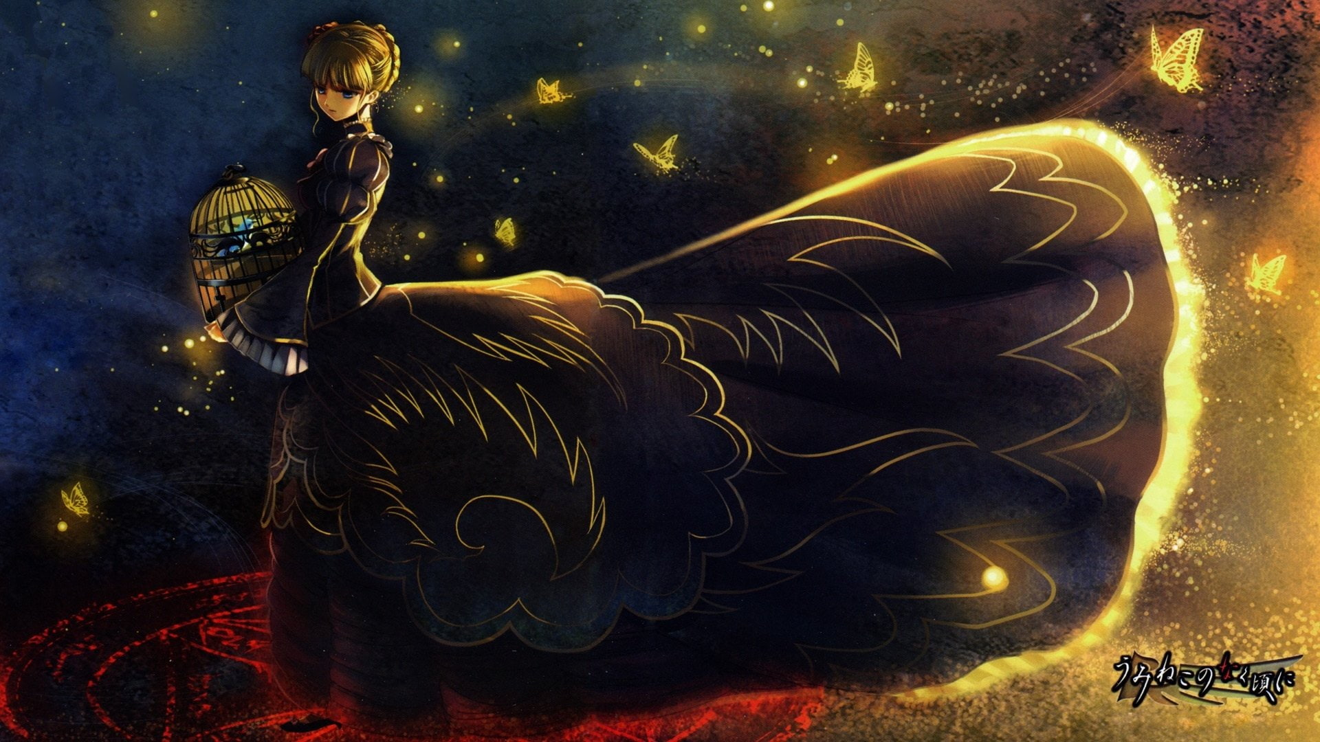 Anime, Umineko: When They Cry, 1080P, Beatrice (Umineko no Naku Koro ni), Blonde, Dress, Butterfly, Night, HD Wallpaper