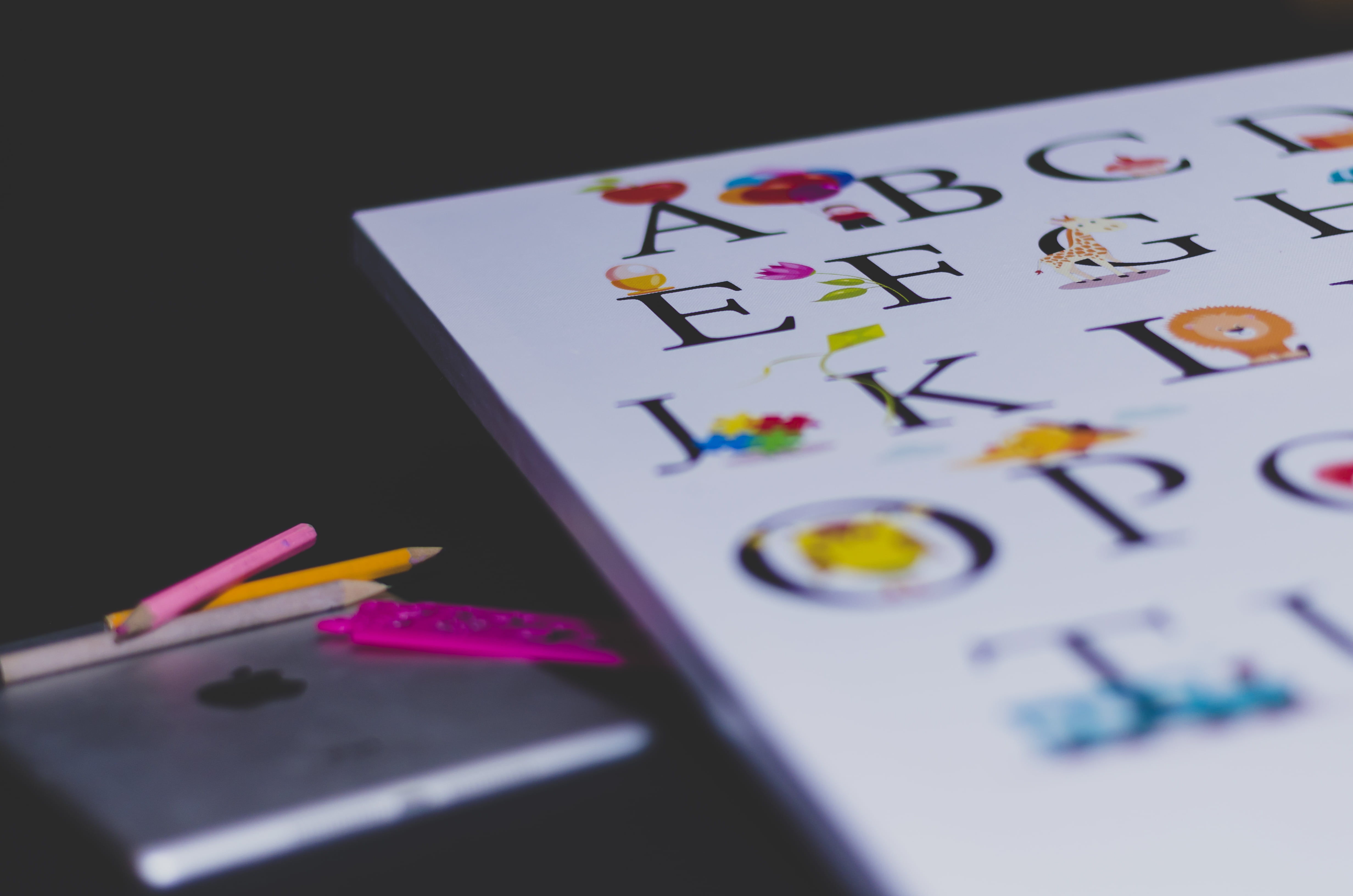 indoors, pencil, high angle view, close-up, still life, paper, learn, table, class, creativity, gray, pen, children, alphabets, ipad, alphabetical, space, HD Wallpaper