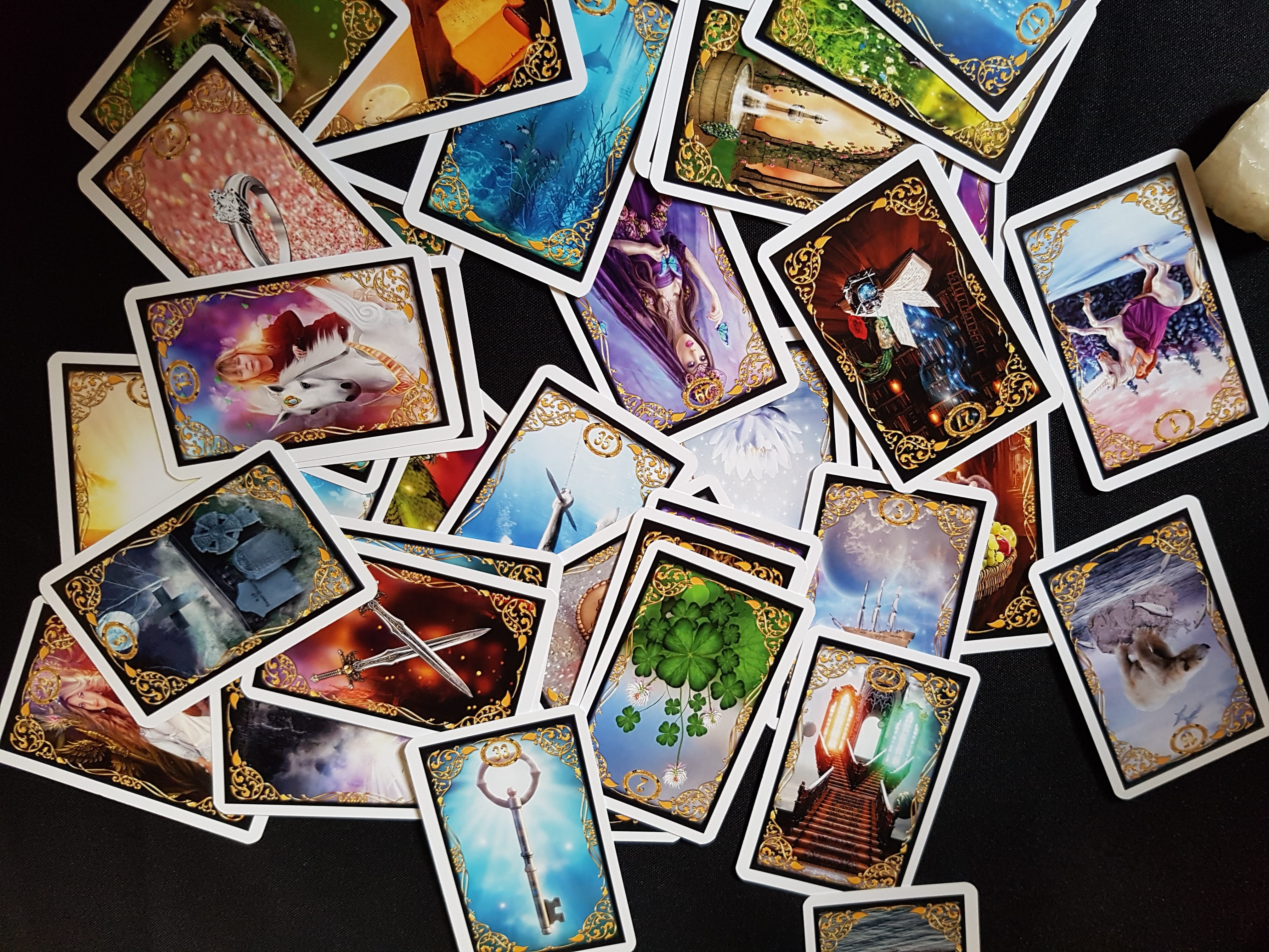 large group of objects, human representation, close-up, old, full frame, new age, picture frame, oracle, retro styled, black background, still life, cards, HD Wallpaper