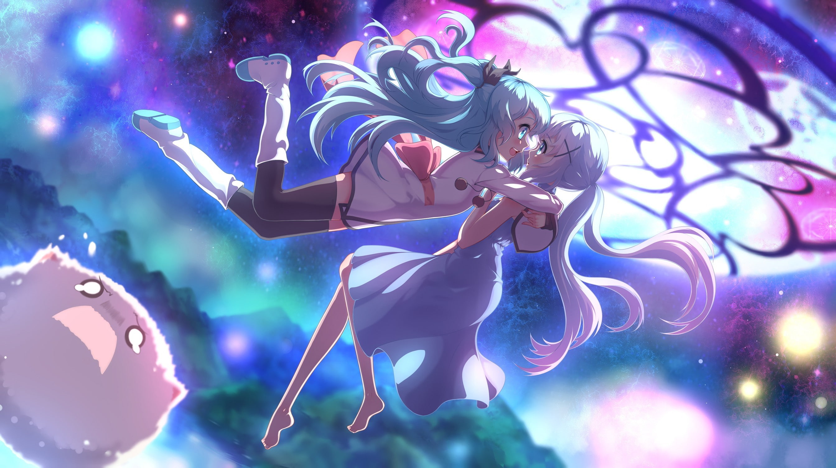 outdoors, nightclub, light - natural phenomenon, 2K, arts culture and entertainment, illuminated, lighting equipment, young adult, night, creativity, anime anime girls gochuumon wa usagi desu ka sora no method kafuu chino noel sora no method crossover, HD Wallpaper