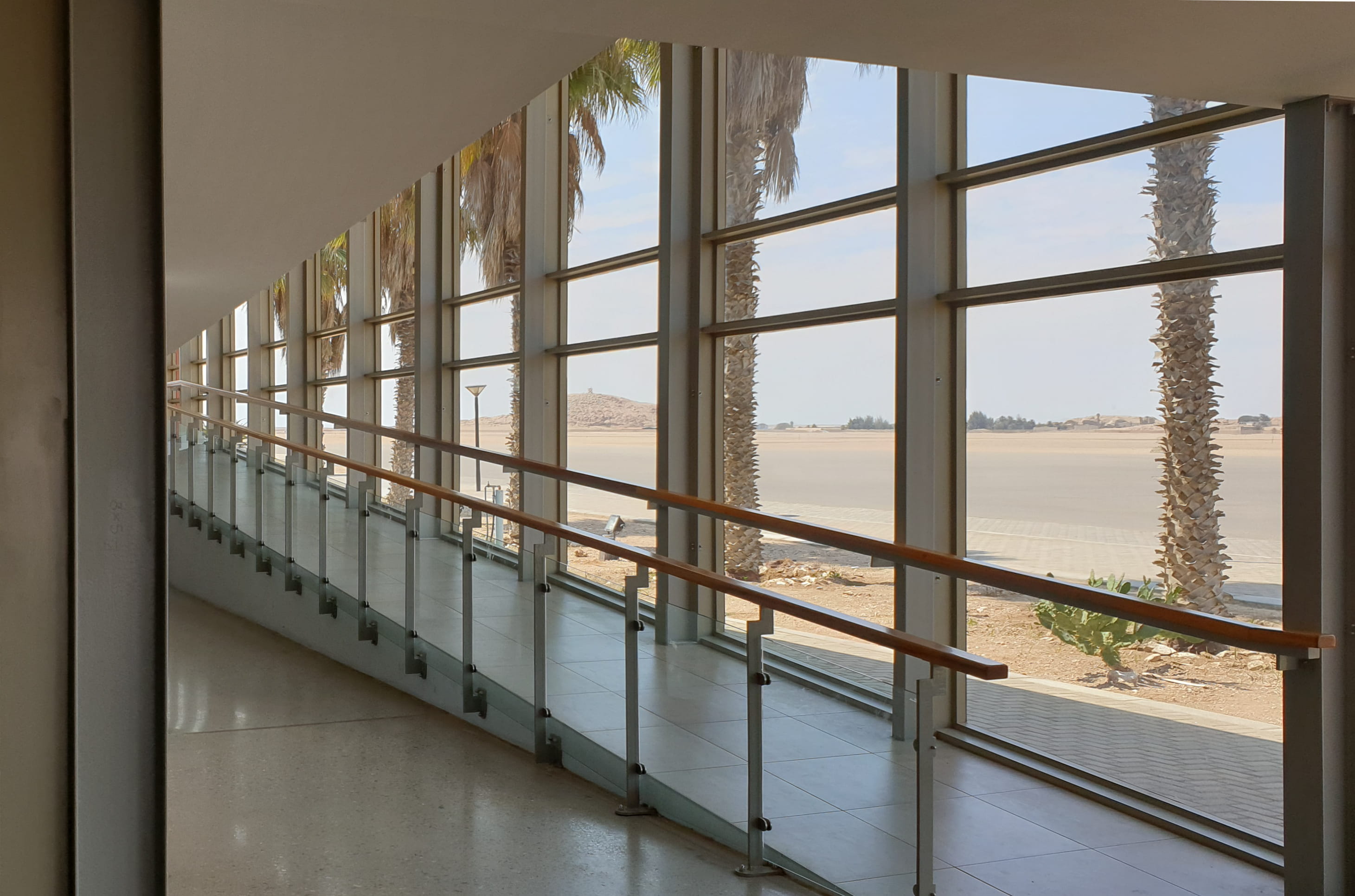 transparent, indoors, handrail, machine, walvis bay international airport, security, sky, walvis bay, skylight, staircase, nature, 2K, metal, water, railing, HD Wallpaper