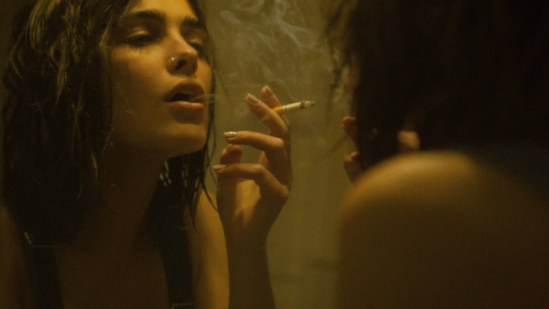 indoors, smoking, young women, people, fear, contemplation, headshot, women, piercing, emotion, hand, human face, dark, 1080P, body part, human body part, HD Wallpaper