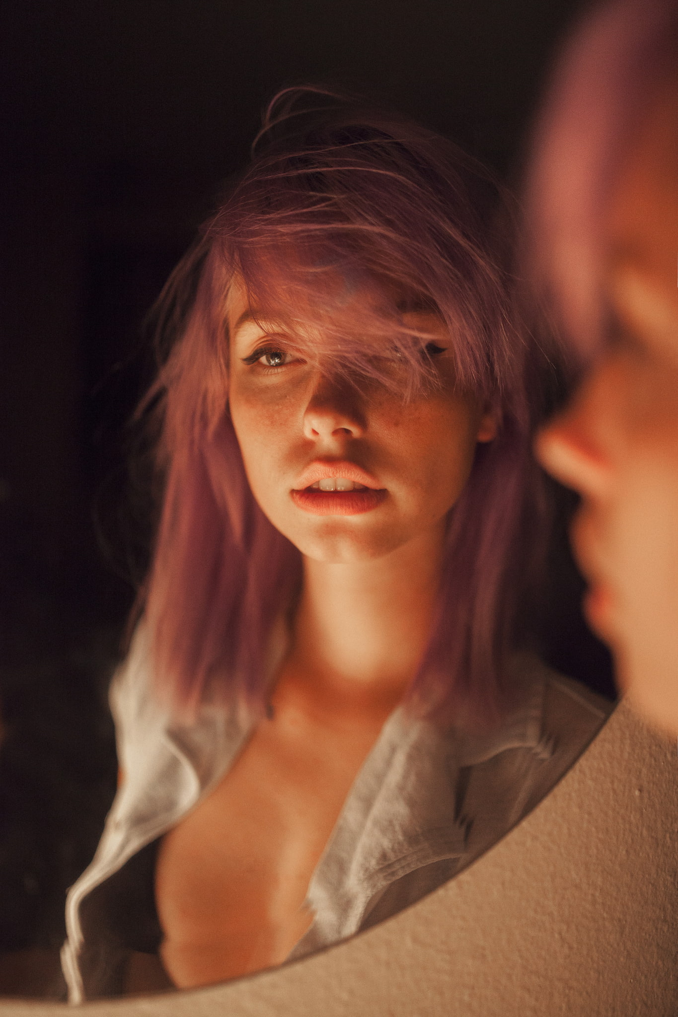 hair in face, purple hair, studio shot, hair, Ruby James, headshot, 1080P, young women, women indoors, hairstyle, two people, portrait, model, young adult, Phone HD Wallpaper