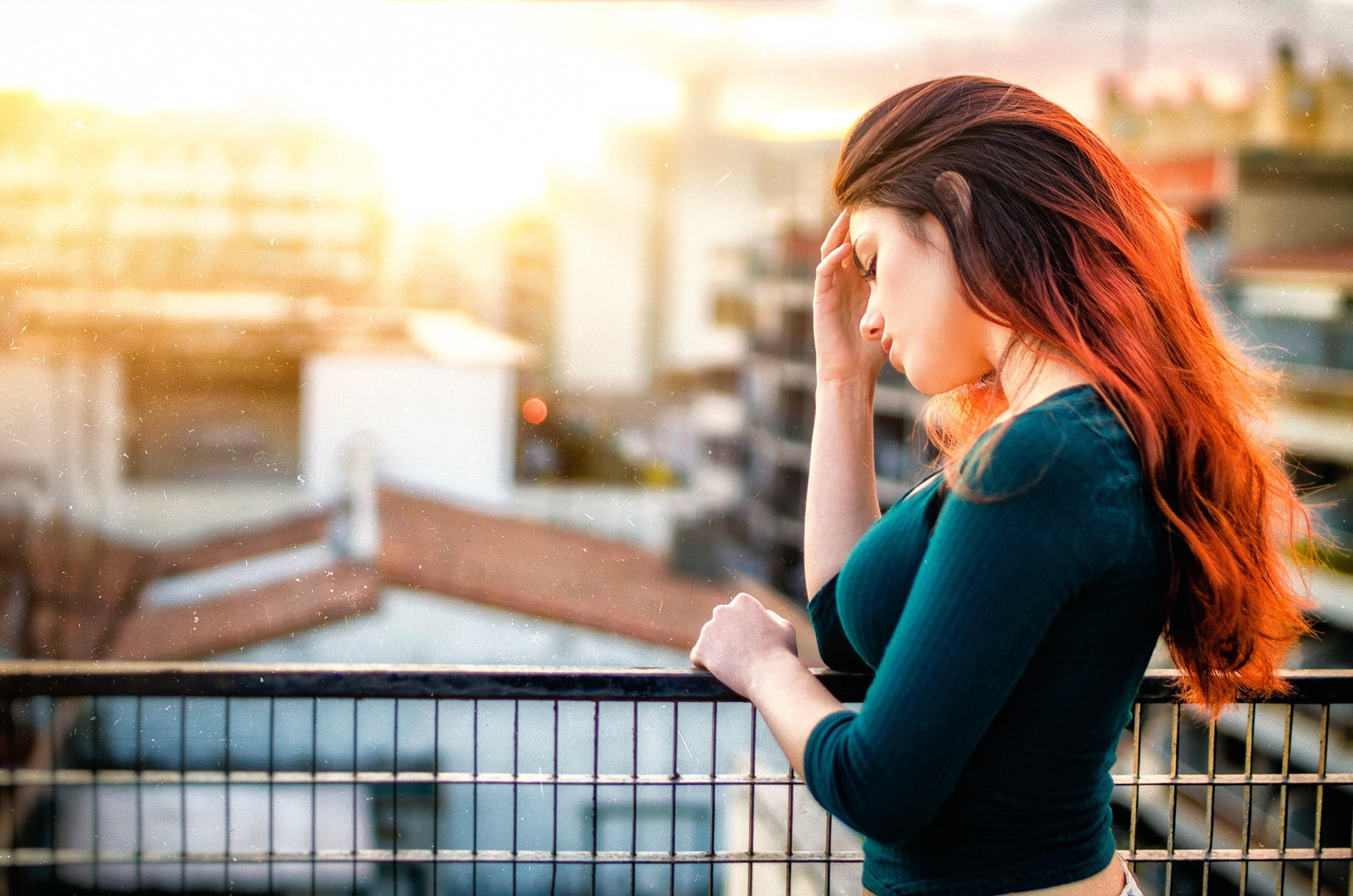 hair, teenager, women, Delaia Gonzalez , looking, balcony, beauty, adult, model, sadness, long hair, emotion, beautiful woman, city life, relationship difficulties, HD Wallpaper