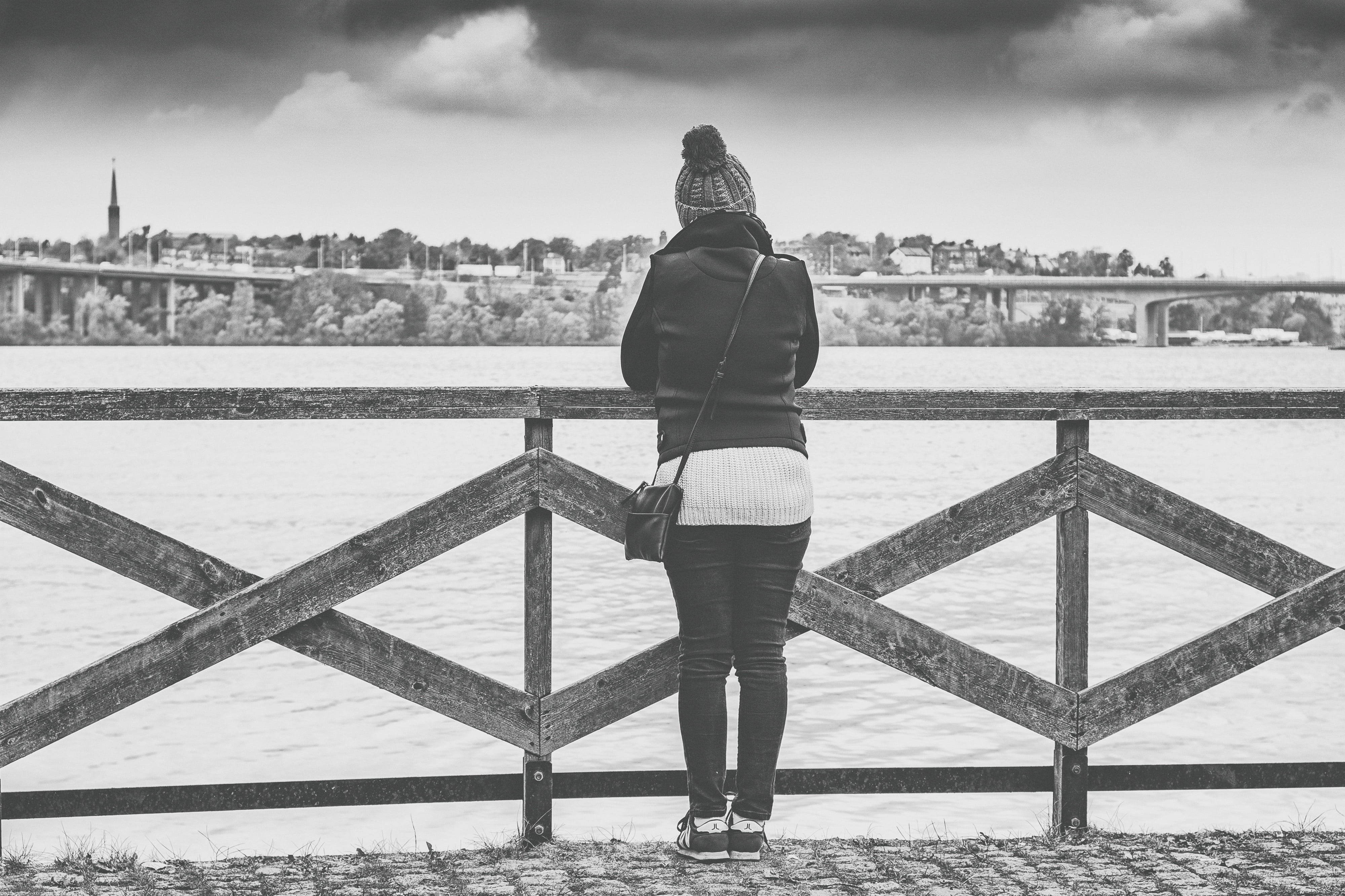 one Person, river, out, looking, women, pier, future, female, gray, girl, built structure, scale, anxiety, past, wood, protection, sea, solution, lifestyles, HD Wallpaper