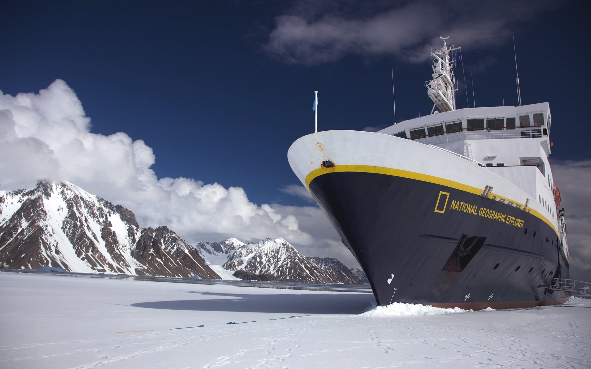 scenics - nature, Icebreaker, black, National Geographic Explorer, Class 1A, cloud - sky, winter, cold temperature, snowcapped mountain, white, cruise, HD Wallpaper