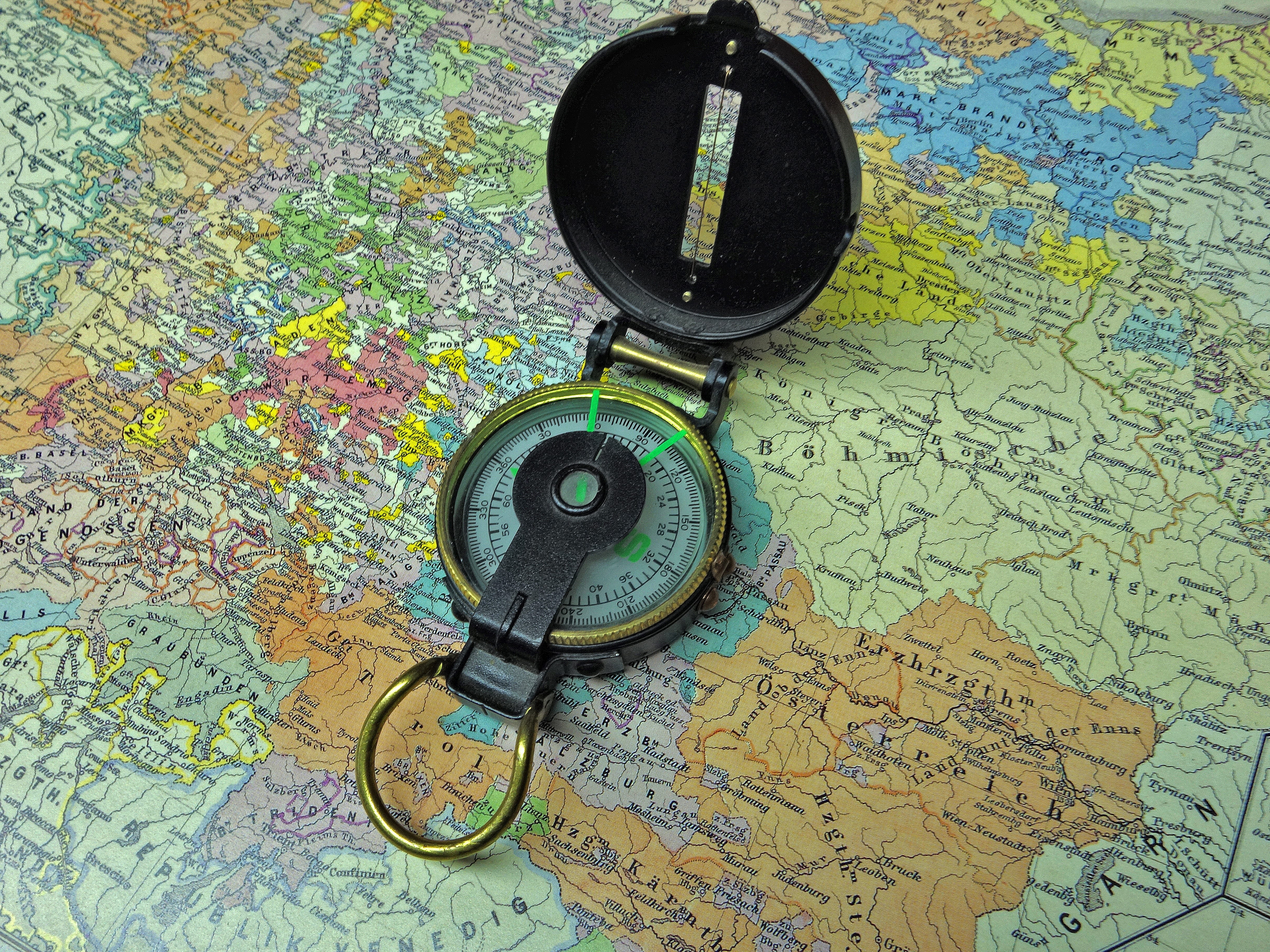 high angle view, technology, orientation, navigational compass, world map, outdoor, guidance, table, close-up, still life, antique, pattern, multi colored, HD Wallpaper
