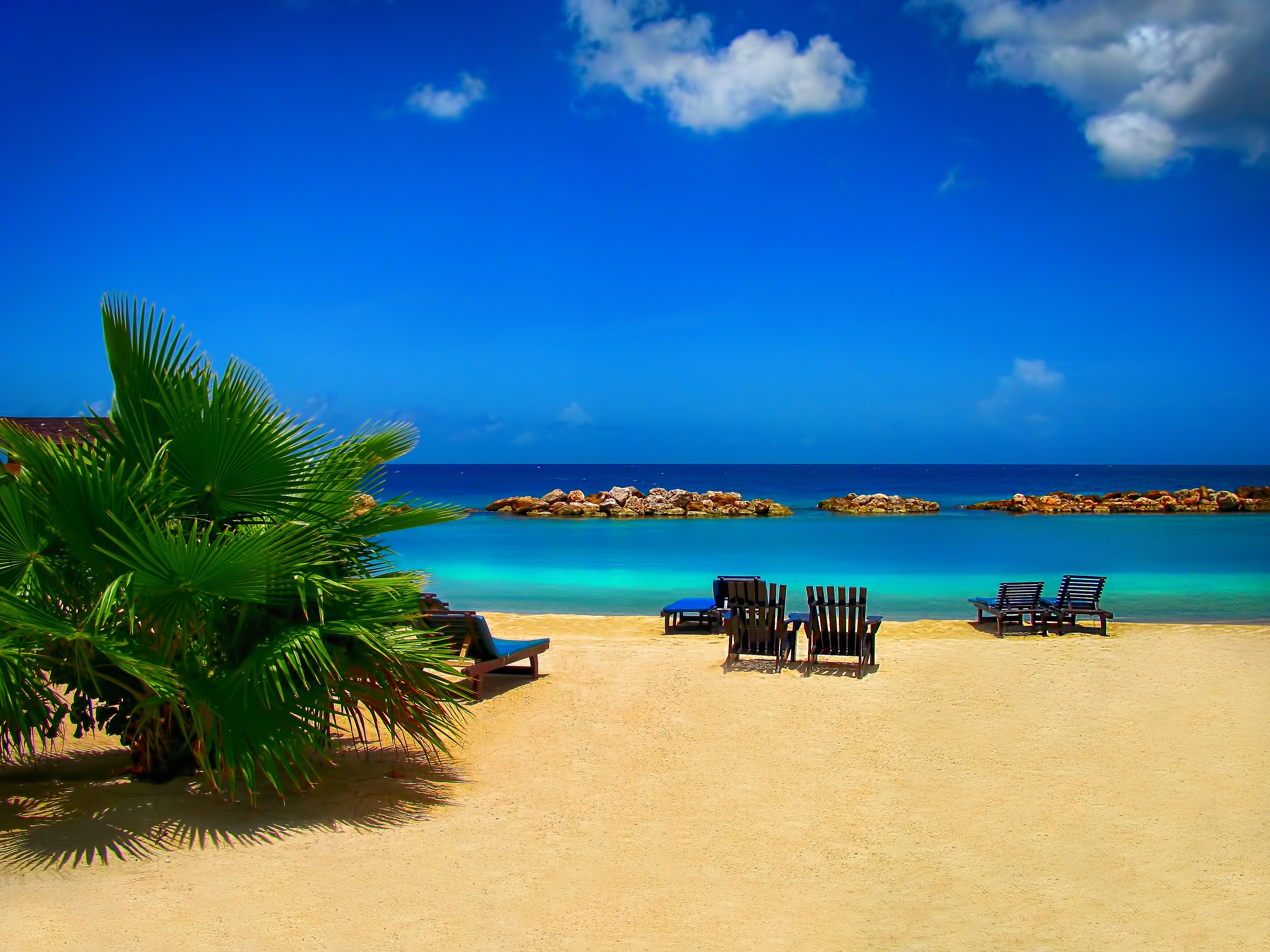 4K, holiday, sandy beach, turquoise colored, relaxation, tree, tranquility, beauty in nature, rest, plant, meditation, rocks, horizon over water, black, HD Wallpaper