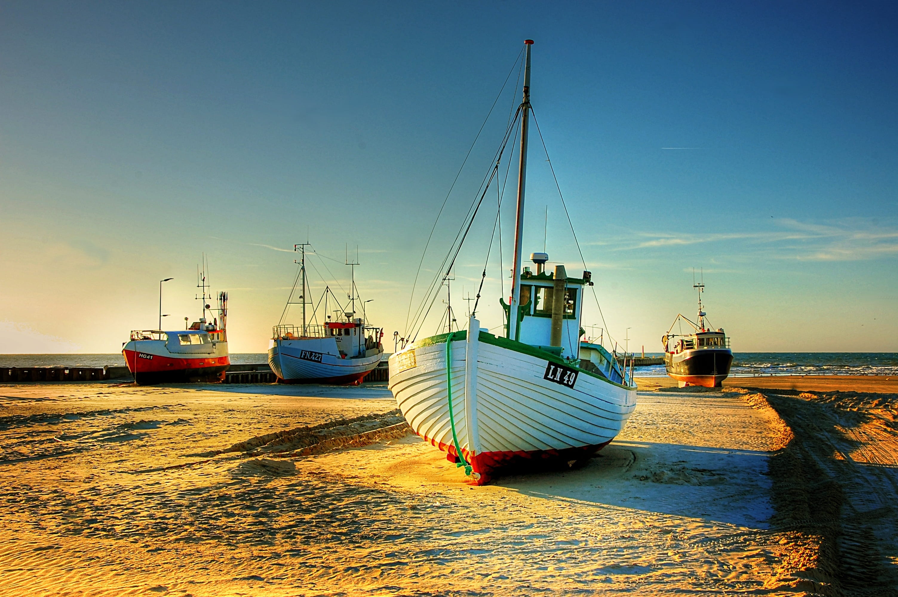 fischer, fishing, sky, holiday motif, fishing vessel, marina, port, ship, equipment, blue, idyll, mast, water, harbor, no people, anchored, nautical Vessel, HD Wallpaper