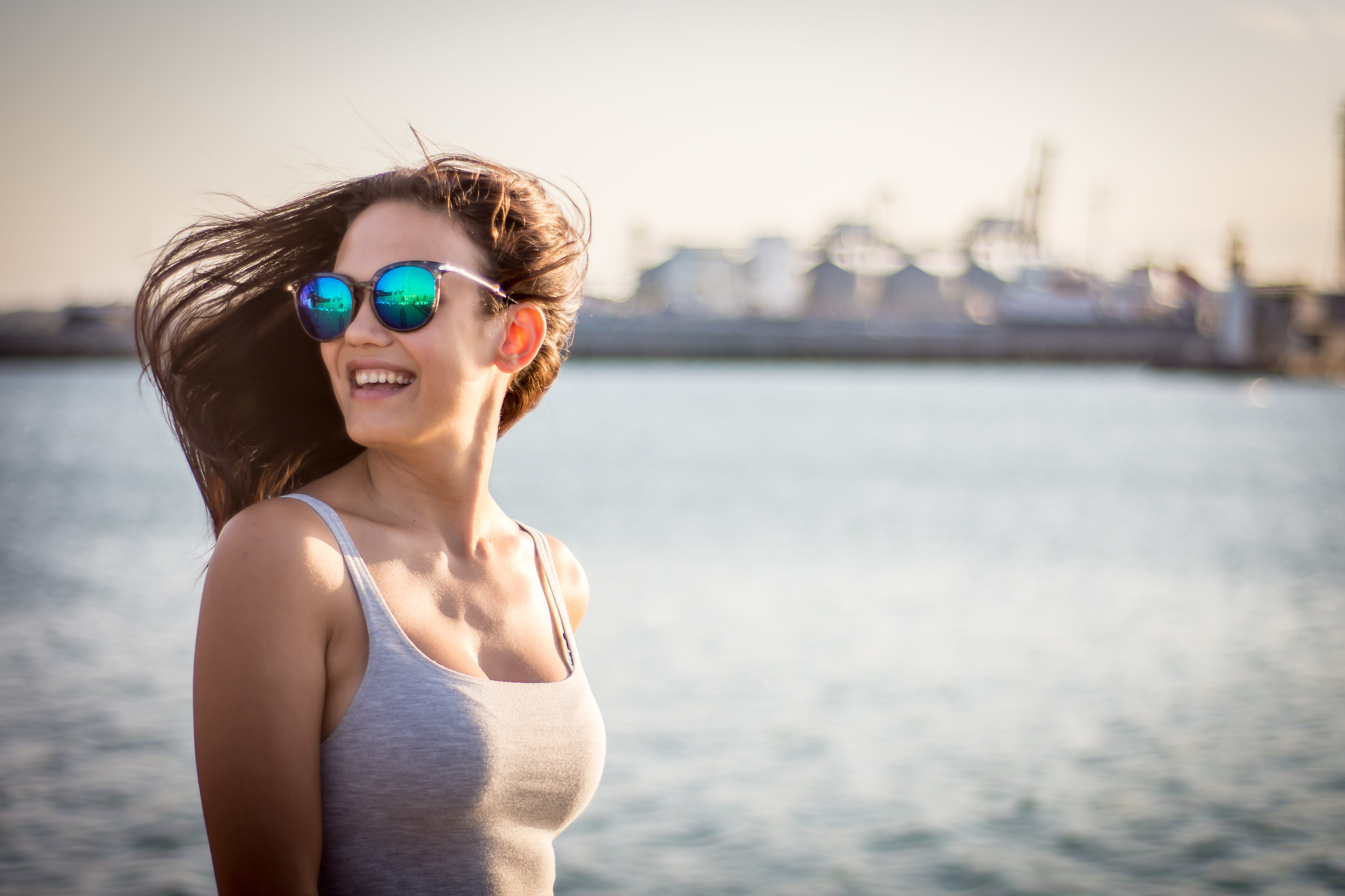 shallow, portrait, photography, relaxation, lifestyle, holiday, sun, focus, people, spaghetti, hair, top, summer, strap, leisure, glasses, vacations, water, HD Wallpaper