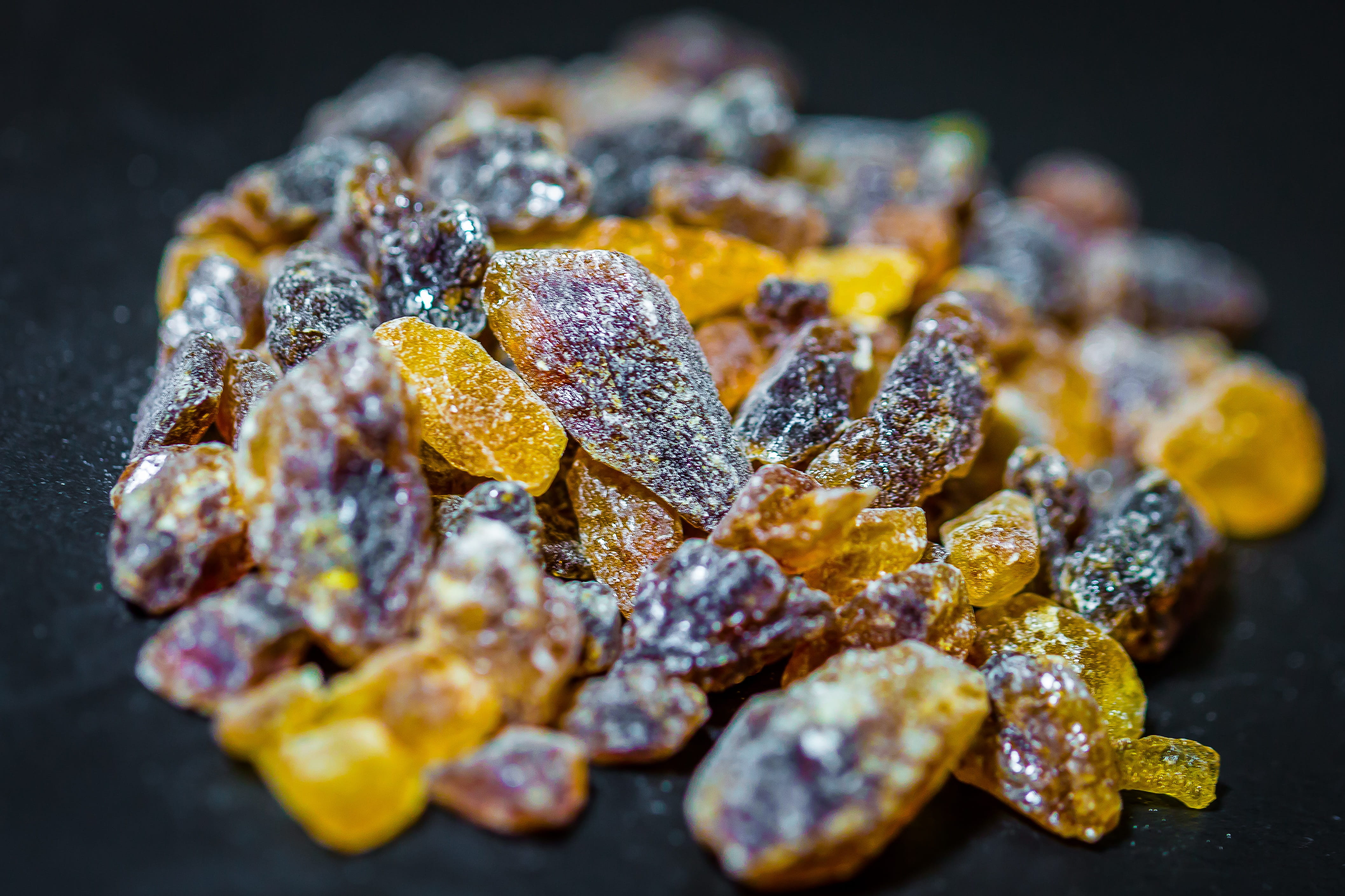 spice, snack, nut, carbohydrates, 4K, still life, freshness, black background, sugar cube, raisin, food, fruit, household sugar, dried food, selective focus, HD Wallpaper