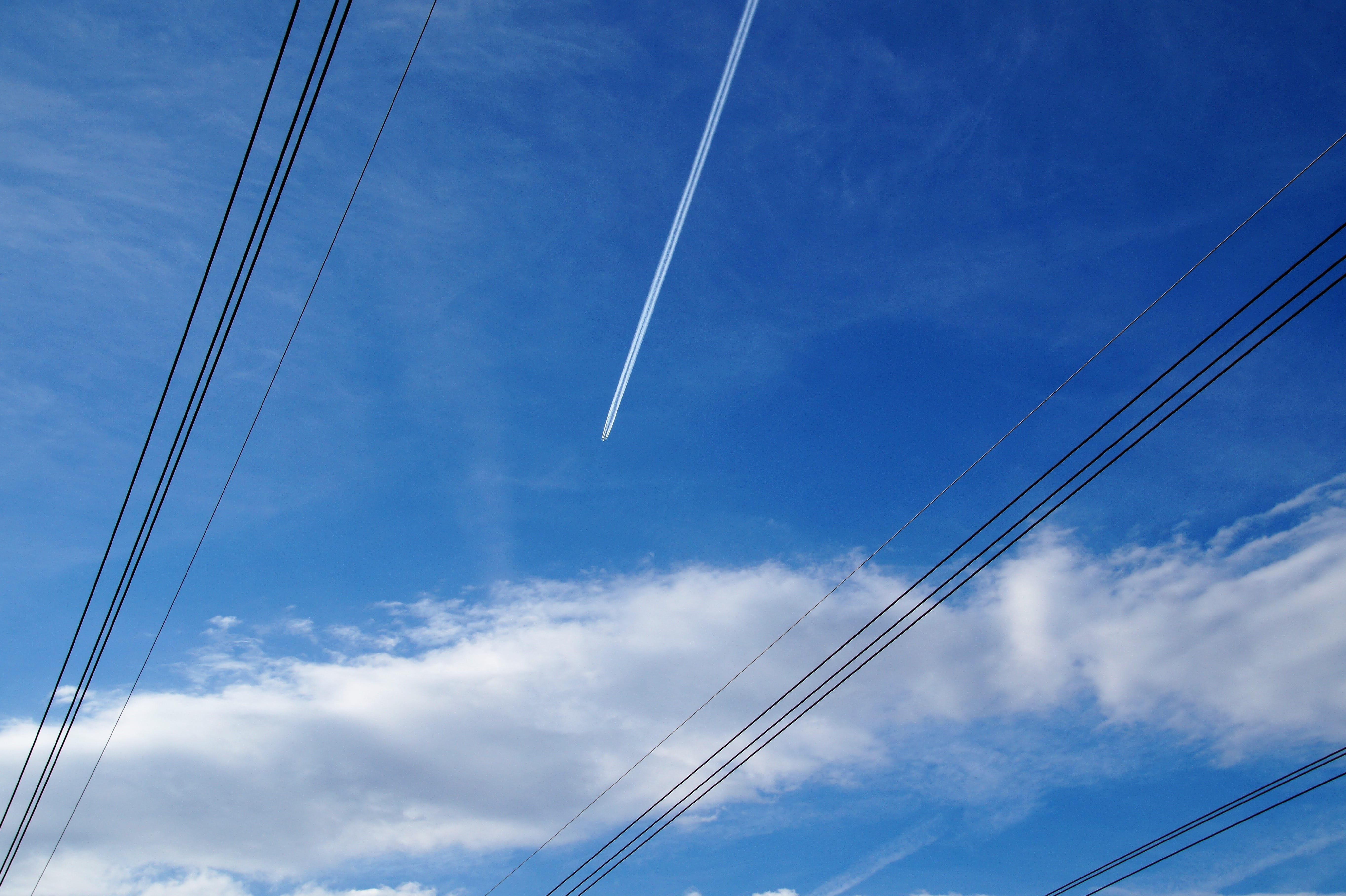 air vehicle, beauty in nature, fuel and power generation, no people, electricity, technology, low angle view, parallel, wires, aircraft, contrail, heaven, HD Wallpaper
